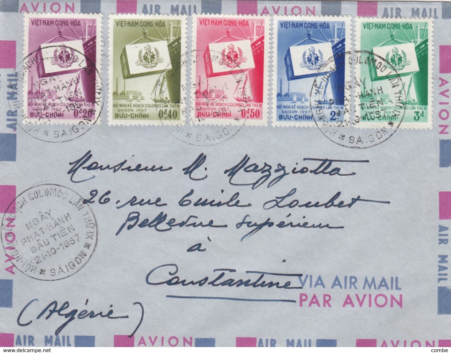 LETTRE. COVER. VIET-NAM. 1957. NGAY PHAT-HANH DAUYIEN 21 10 57. SAIGON TO CONSTANTINE ALGERIA  /    2 - Sonstige & Ohne Zuordnung