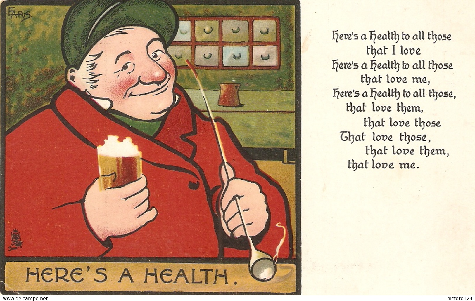 "Ernest Aris. Here's A Health" Tuck Humorous Quaint Heads Series PC # 1305 - Tuck, Raphael