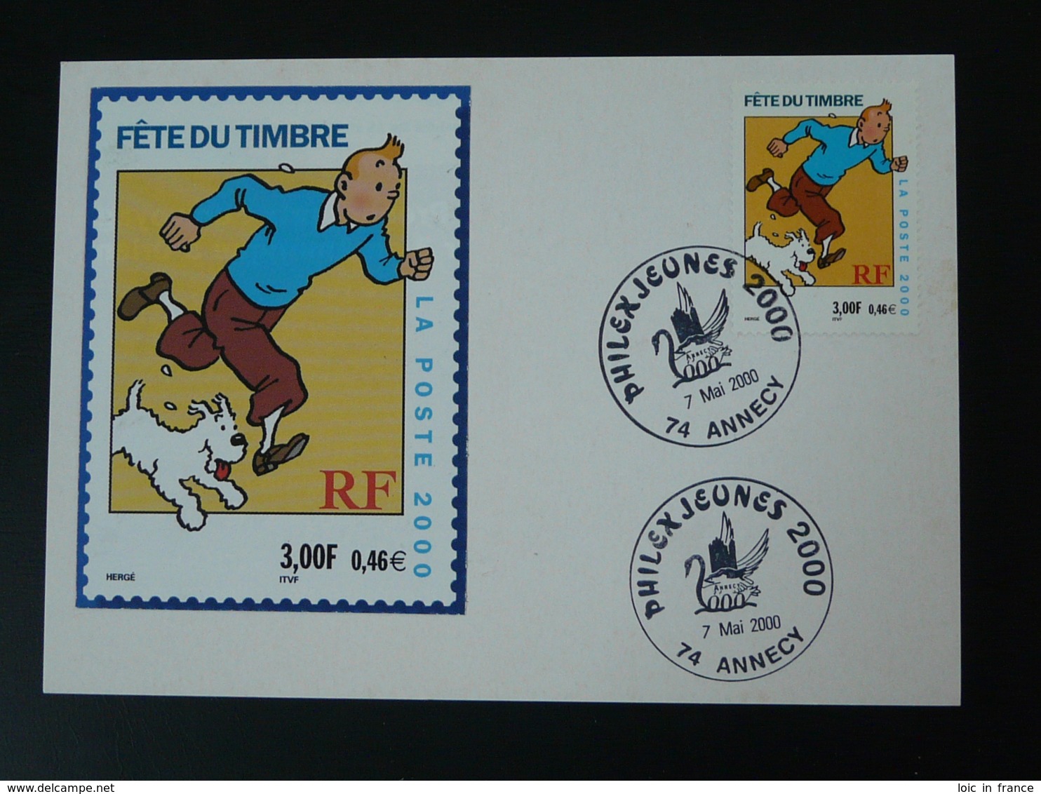 Carte Maximum Card Tintin Fête Journée Du Timbre Philexjeunes 2000 Annecy - Bandes Dessinées