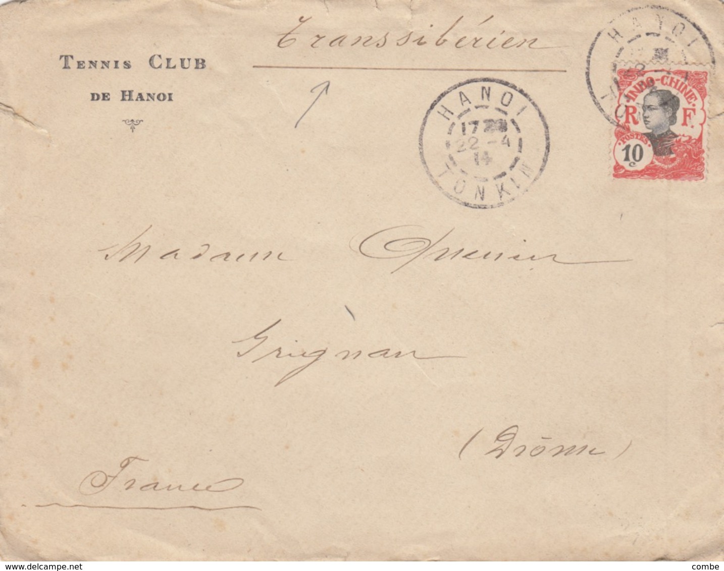 LETTRE. COVER. FRENCH INDOCHINA. 1914. TENNIS CLUB DE HANOI  TO FRANCE VIA TRANS-SIBERIEN  /    2 - Autres & Non Classés