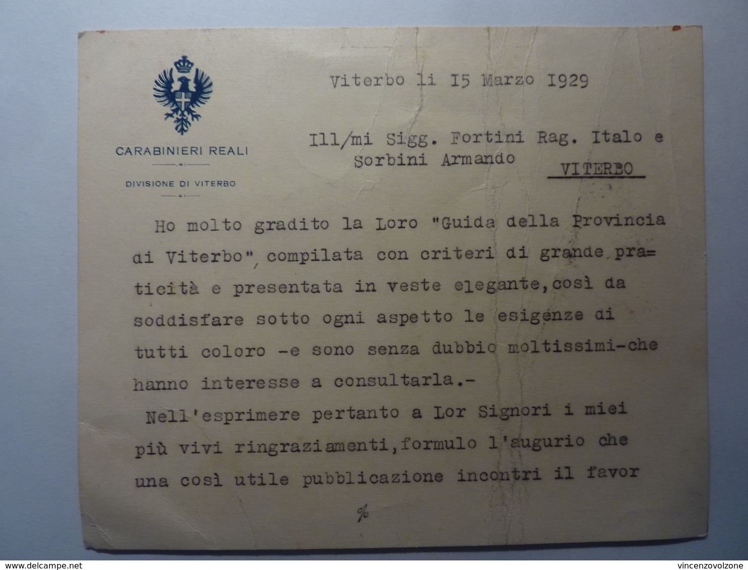 Cartoncino "CARABINIERI REALI DIVISIONE DI VITERBO   15 Marzo 1925 Maggiore Comandante A. BORTOLI" - Cartoncini Da Visita