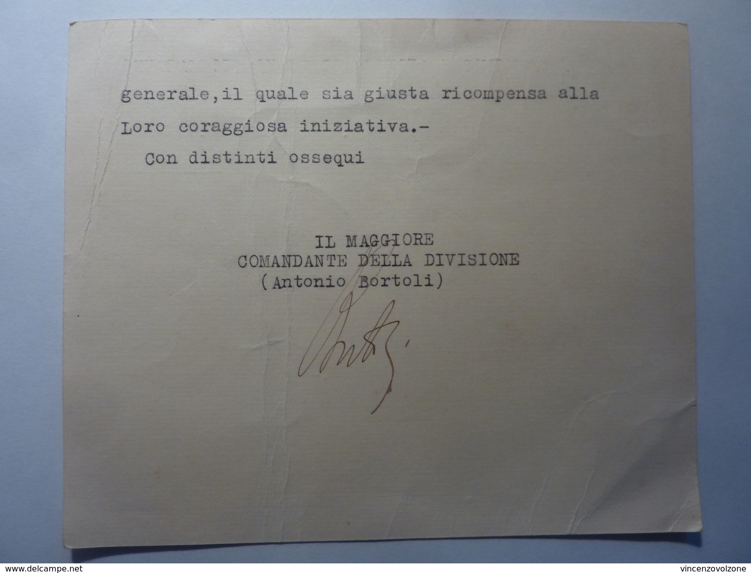 Cartoncino "CARABINIERI REALI DIVISIONE DI VITERBO   15 Marzo 1925 Maggiore Comandante A. BORTOLI" - Cartes De Visite