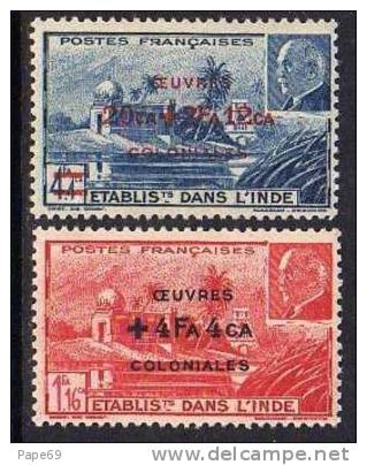 Inde N° 231/32   XX  Temple Près De Pondichéry Et Effigie Du Mal Pétain Surchargés  La Paire Sans Charnière,  TB - Unused Stamps