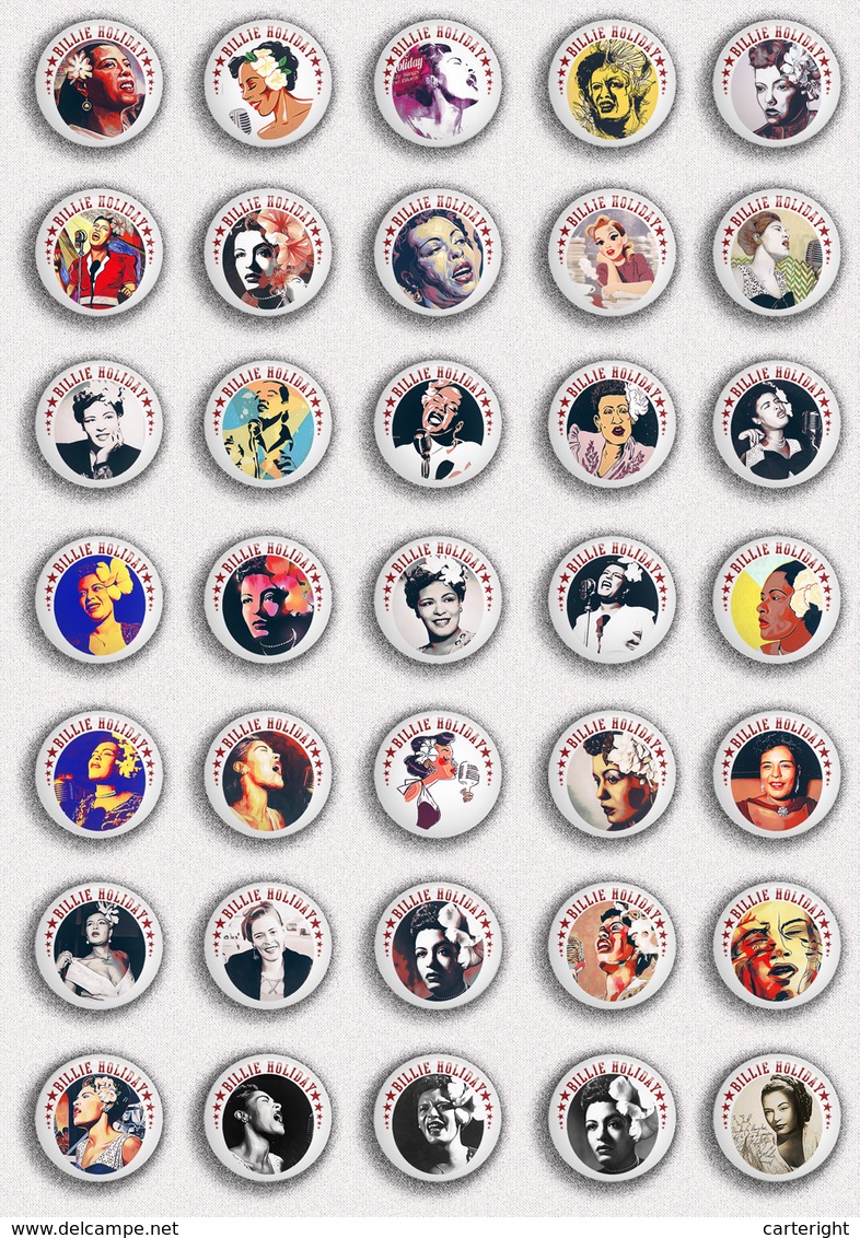 35 X Billie Holiday Music Fan ART BADGE BUTTON PIN SET 2 (1inch/25mm Diameter) - Music