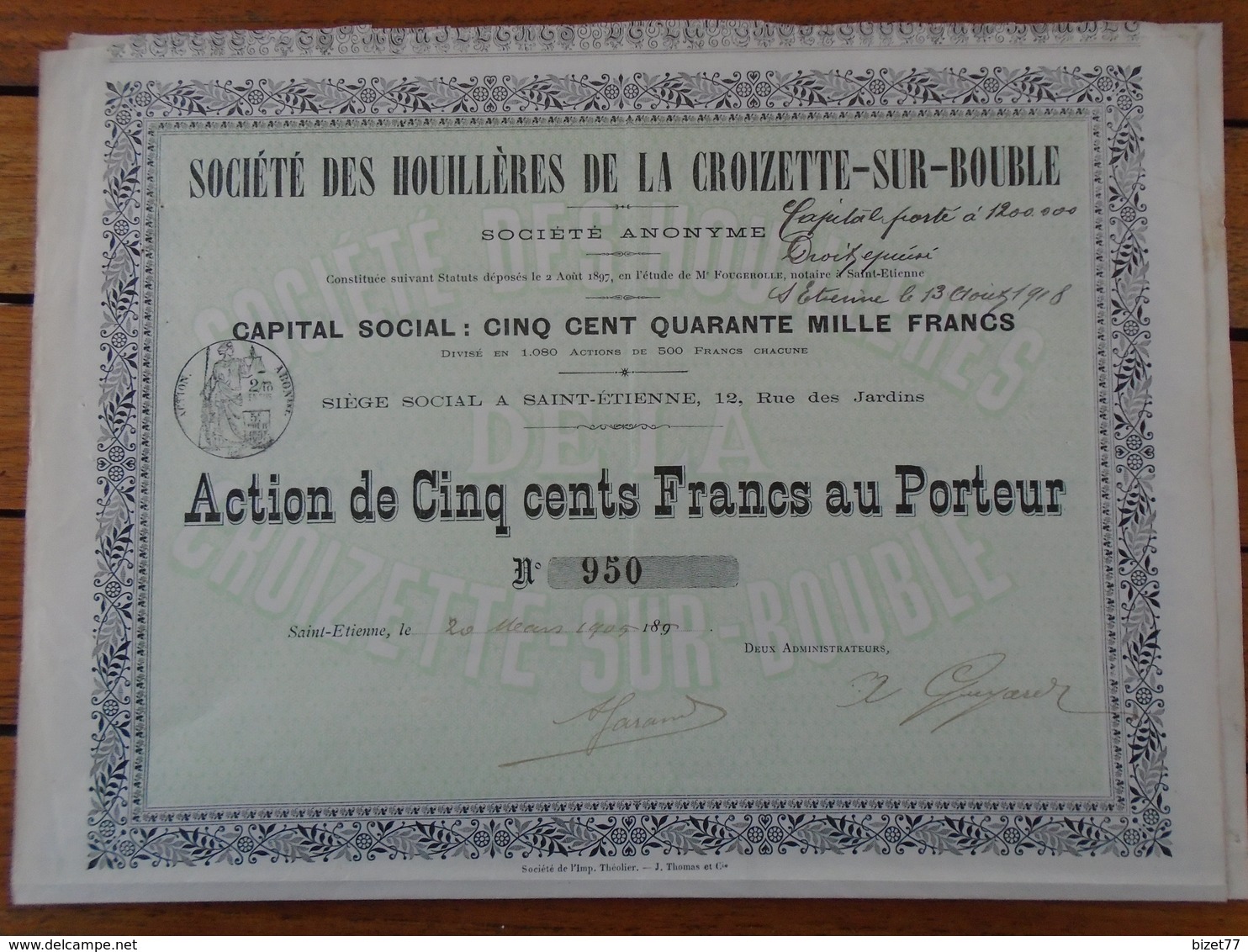 FRANCE - MINES - ST ETIENNE - HOUILLERES DE LA CROIZETTE SUR BOUBLE - ACTION 500 FRS - ST ETIENNE 1905 - Other & Unclassified