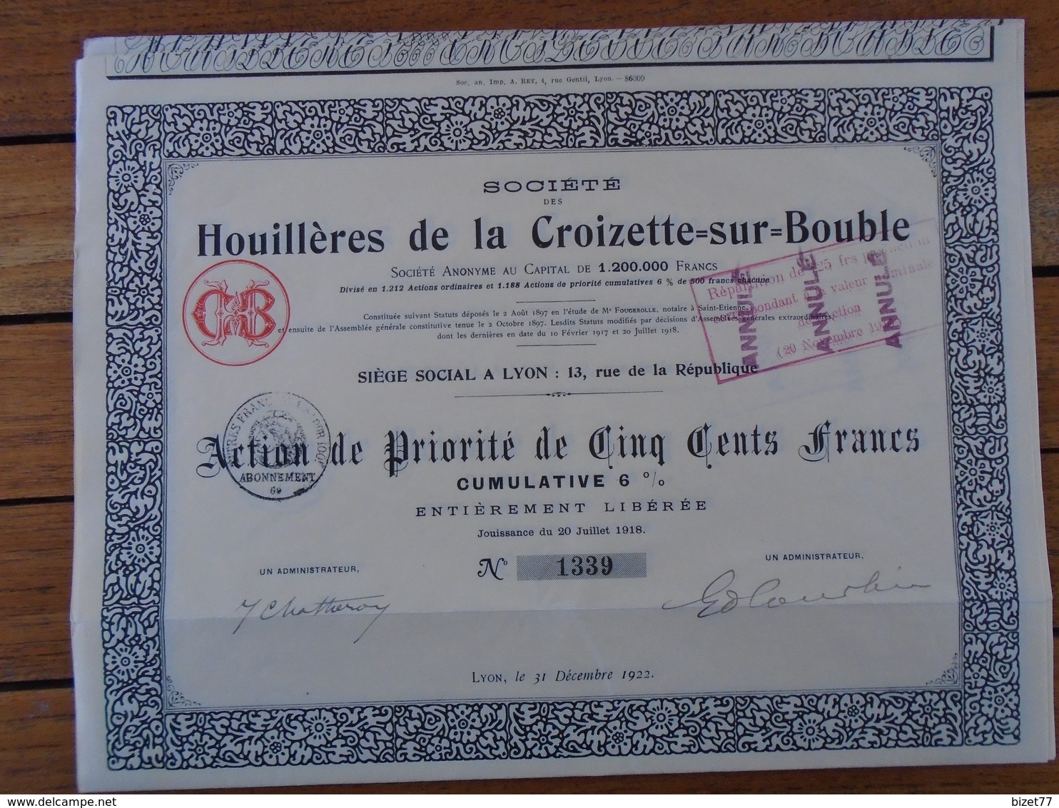FRANCE - MINES - ST ETIENNE - HOUILLERES DE LA CROIZETTE SUR BOUBLE - ACTION  DE PRIORITE 500 FRS - LYON 1922 - Other & Unclassified