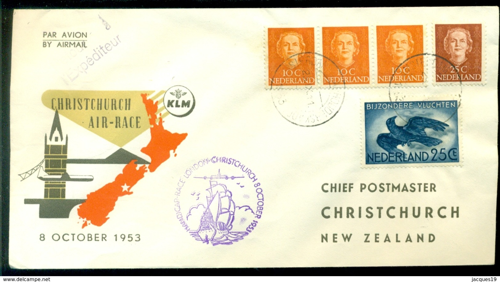 Nederland 1953 KLM-envelop Airrace (Bride-flight) Amsterdam-Christchurch VH 414a - Briefe U. Dokumente
