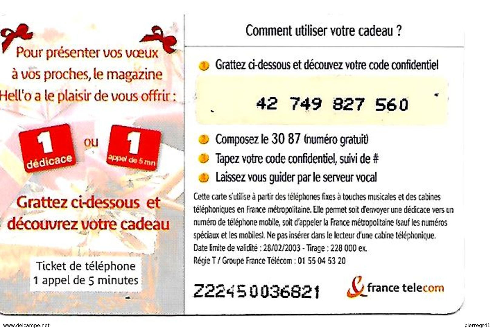 CODECARD-FT-5MN D APPEL- BONNES FETES Avec HELLO-T BE - Tickets FT