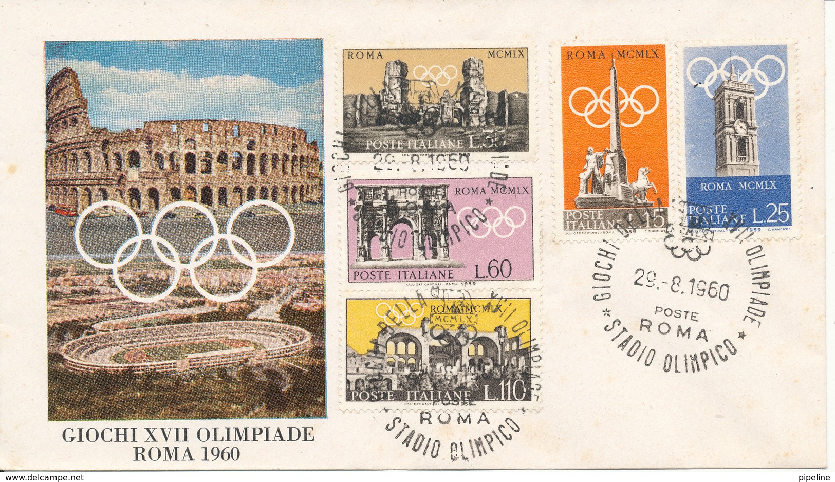 Italy Cover With Complete Set 1959 Olympic Games Rome 29-8-1960 With Cachet - 1946-60: Marcophilia