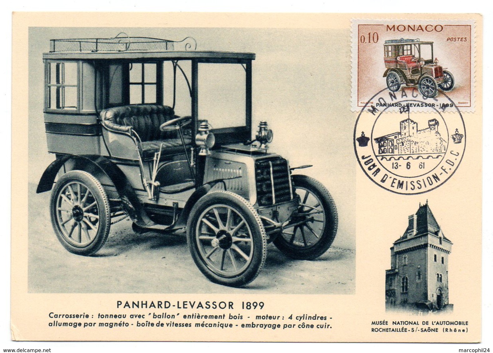 AUTOMOBILE = MONACO  1961 = CARTE-MAXIMUM + CACHET FDC / PREMIER JOUR Illustré + N° Yvt  562 = ' PANHARD LEVASSOR 1899 ' - Autos