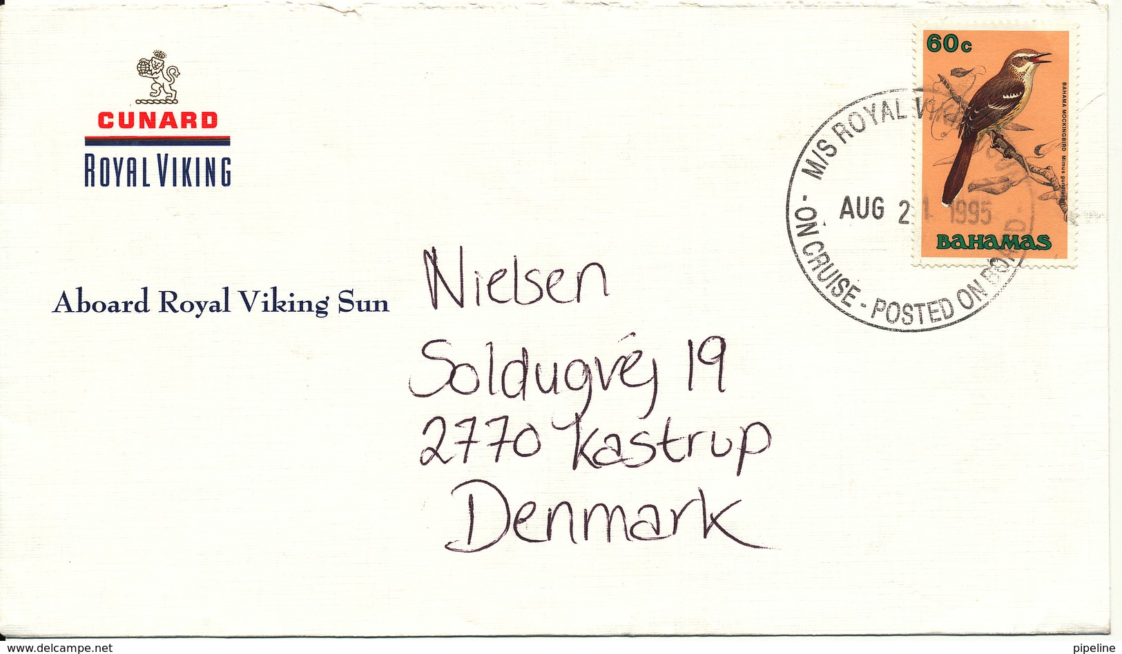Bahamas Ship Cover Posted On Board M/S Royal Viking Sent To Denmark 21-8-1995 Nice Single BIRD Stamp - Bahamas (1973-...)