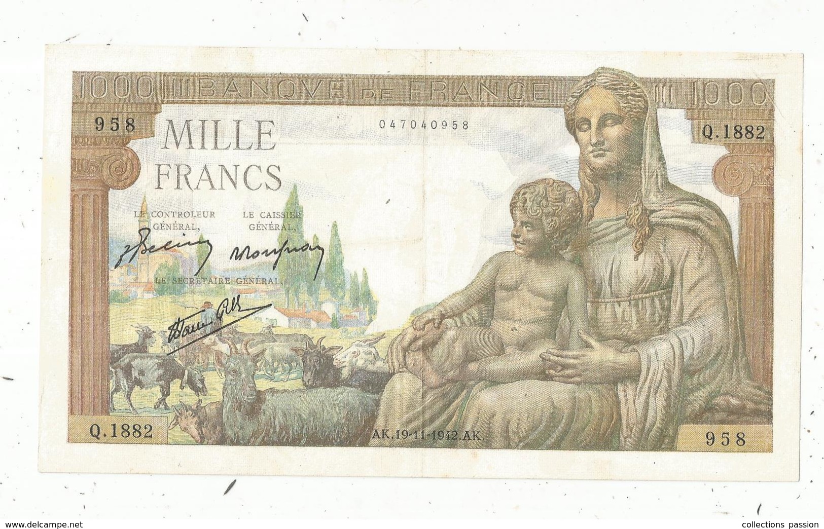 Billet , France ,1000 ,mille Francs ,Déesse Déméter , 19-11-1942  , 2 Scans ,frais Fr 1.95 E - 1 000 F 1942-1943 ''Déesse Déméter''