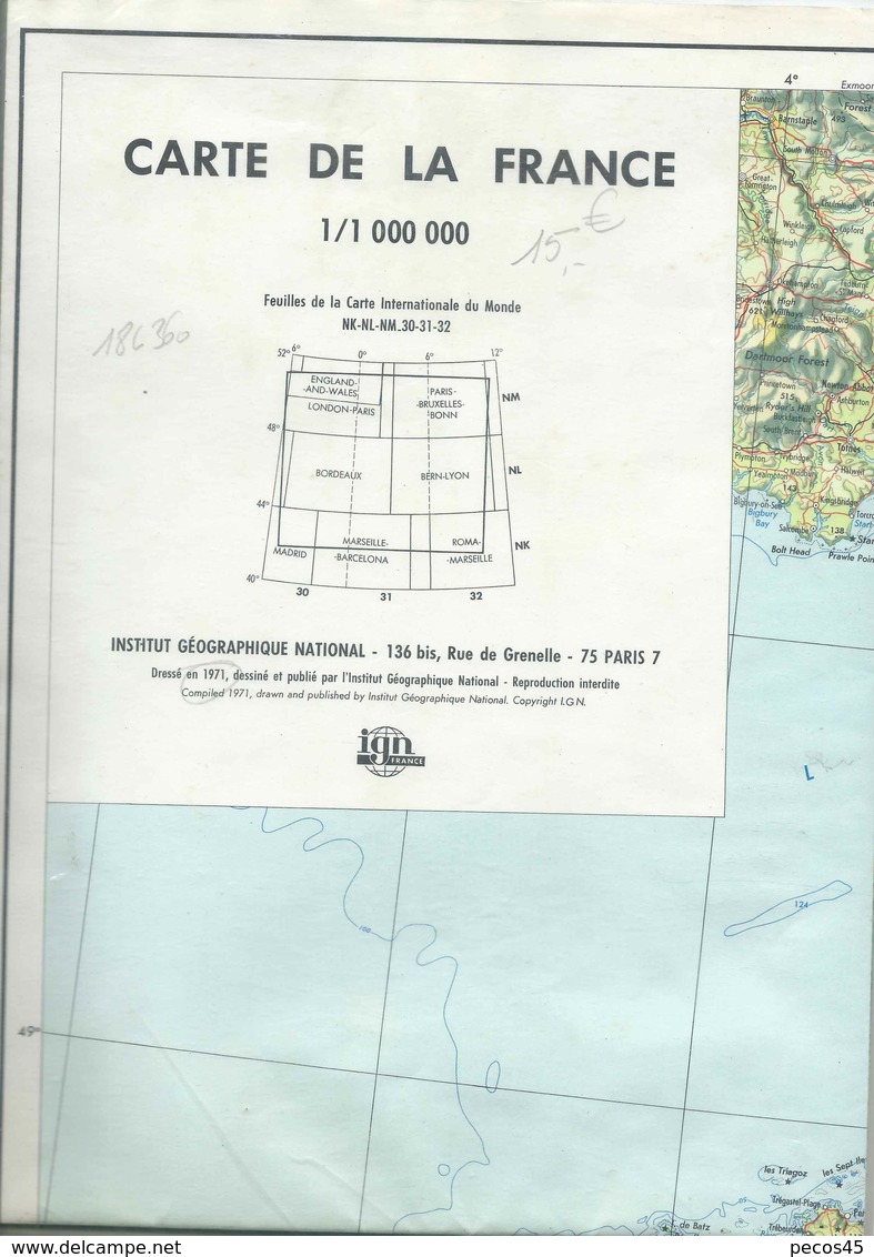 Carte I.G.N. : FRANCE - 1 / 1 000 000ème - 1971. - Cartes Géographiques