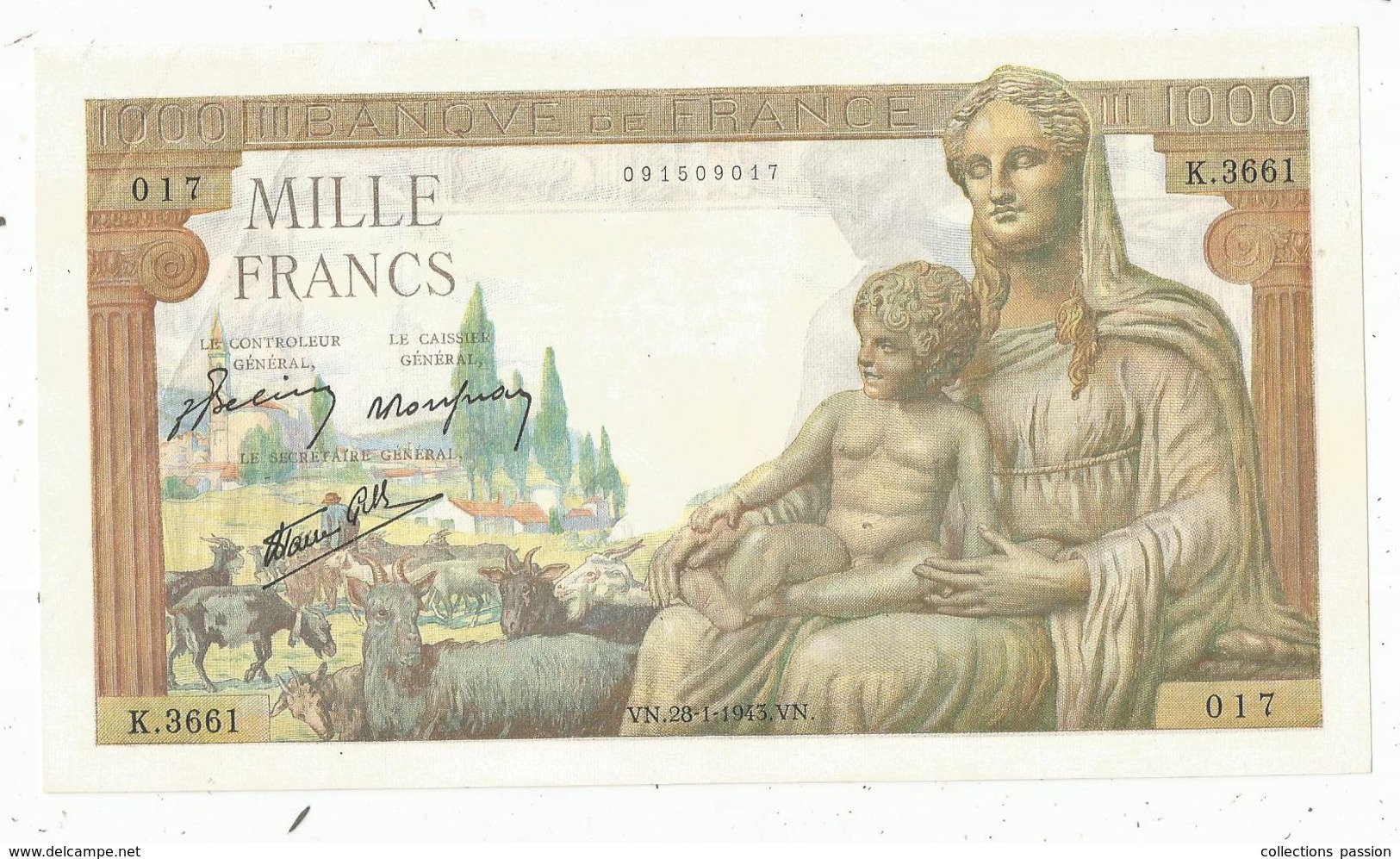 Billet , France ,1000 ,mille Francs ,Déesse Déméter , 28-1-1943  , 2 Scans ,frais Fr 1.95 E - 1 000 F 1942-1943 ''Déesse Déméter''