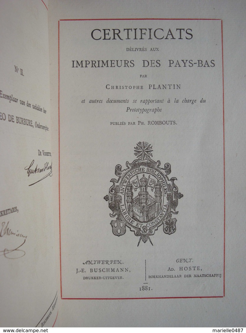 Certificats Délivrés Aux Imprimeurs Des Pays-Bas Par Christophe Plantin - 1801-1900