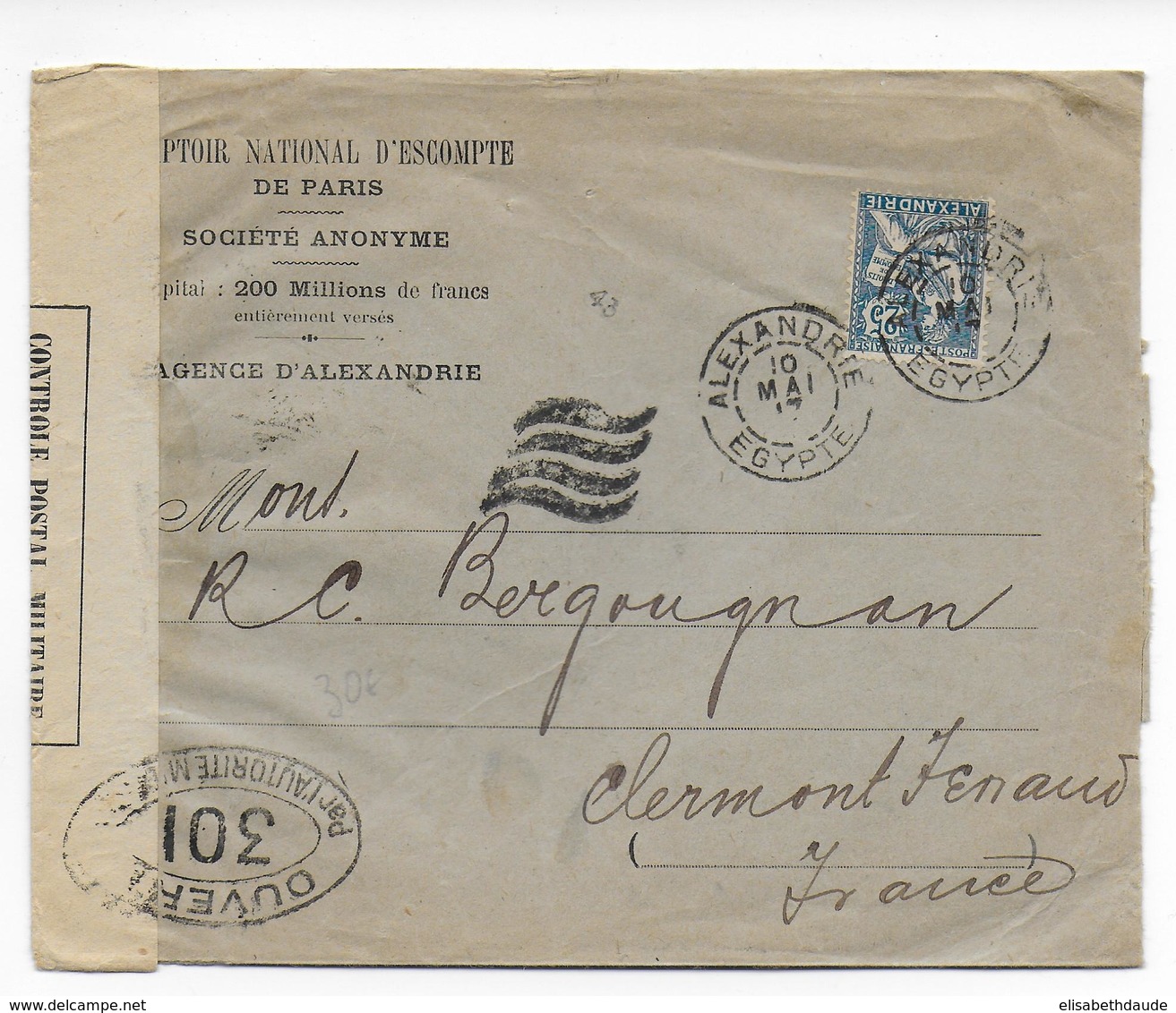 1917 - EGYPTE - MOUCHON Sur ENVELOPPE De ALEXANDRIE Avec CENSURE => CLERMONT-FERRAND - Lettres & Documents