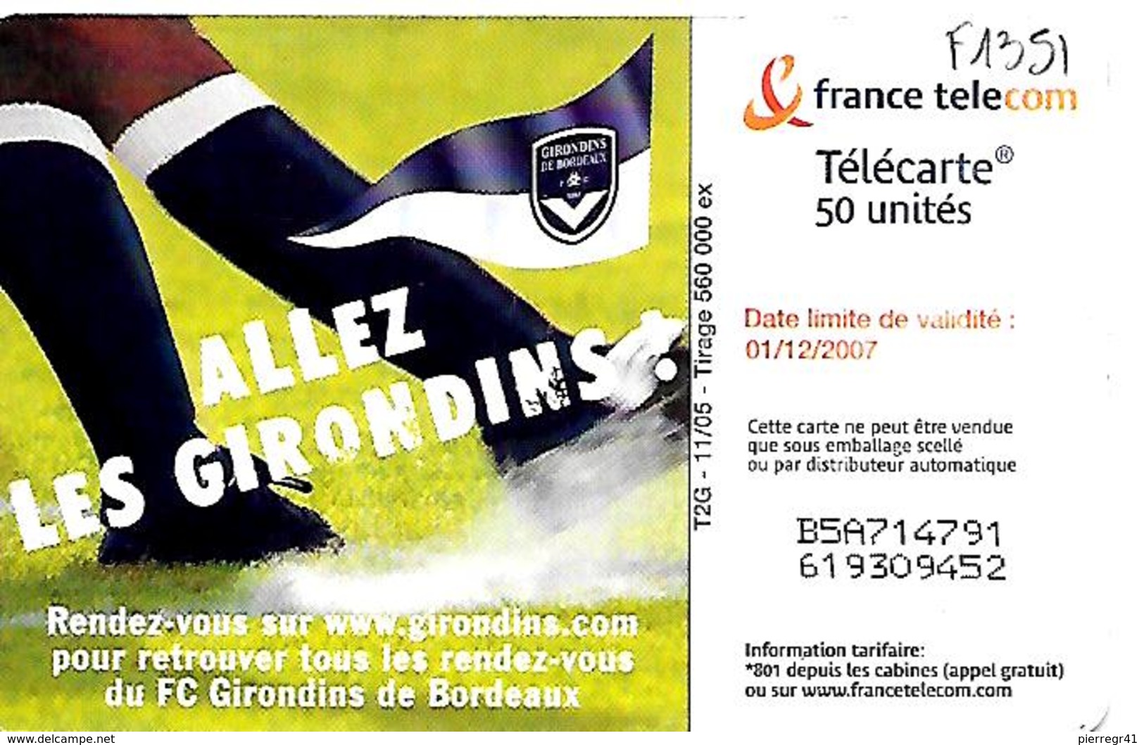 TC°-PUBLIC-F1351-50U-GEM1-11/05-FOOT-GIRONDINS De BORDEAUX-UTILISE-TBE - 2005