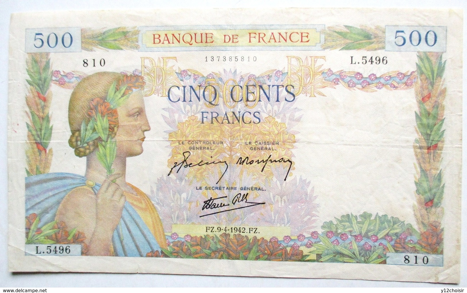 BILLET BANQUE DE FRANCE 500 FRANCS 1942 LA PAIX L.5496  810 - 500 F 1940-1944 ''La Paix''