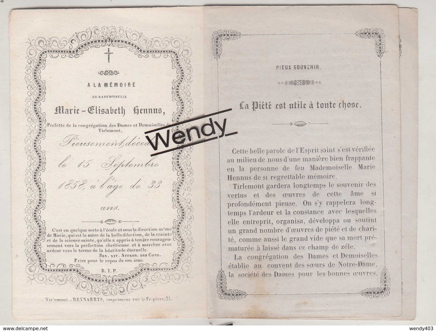 Tienen (devotieprentje Met Lithofoto Marie-Elisabeth Hennus, Prefette De La Congregation Des Dames De Tirlemont +1858) - Tienen