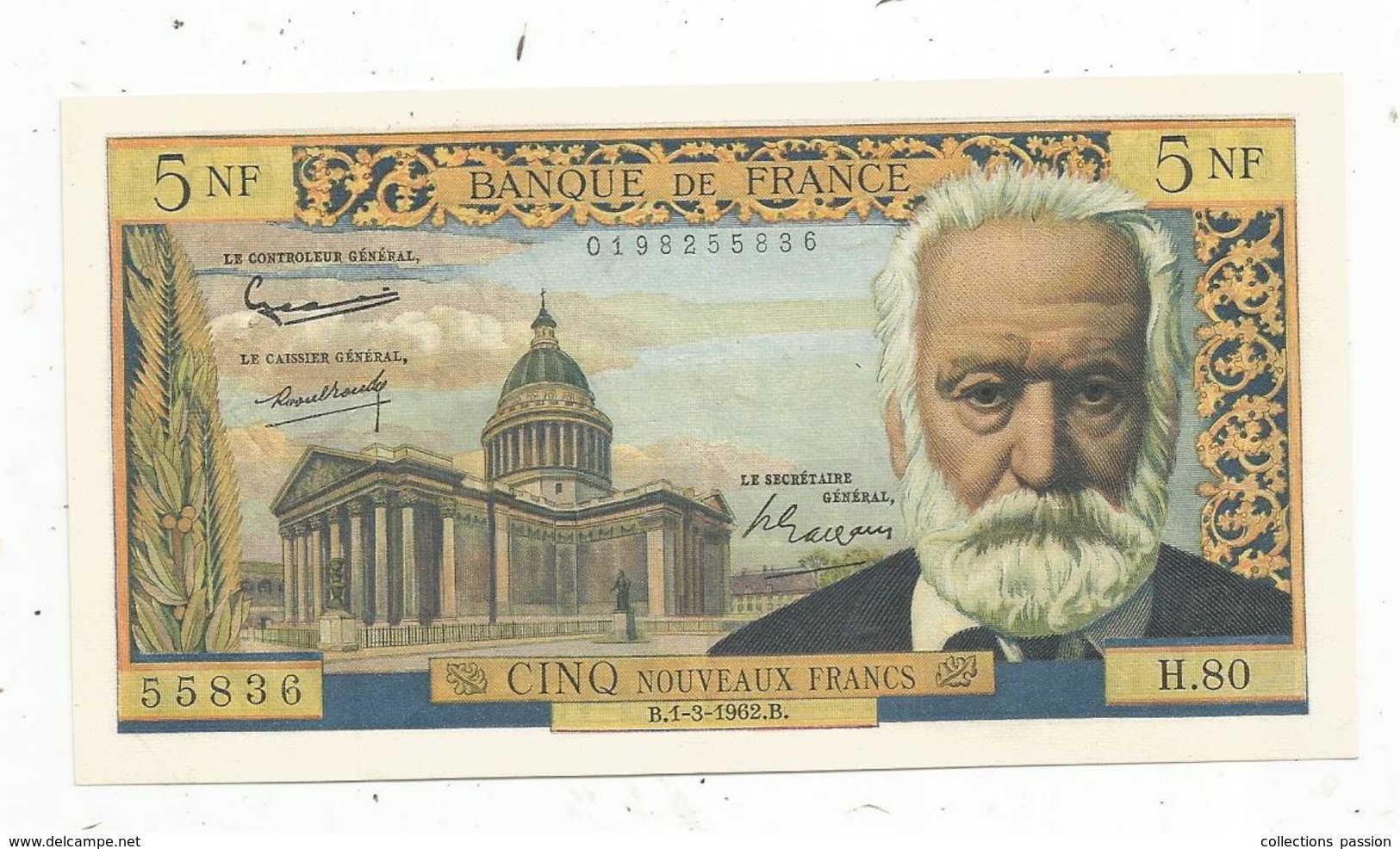 Billet , France ,5 NF ,cinq Nouveaux Francs , 1-3-1962 , Victor Hugo - 5 NF 1959-1965 ''Victor Hugo''