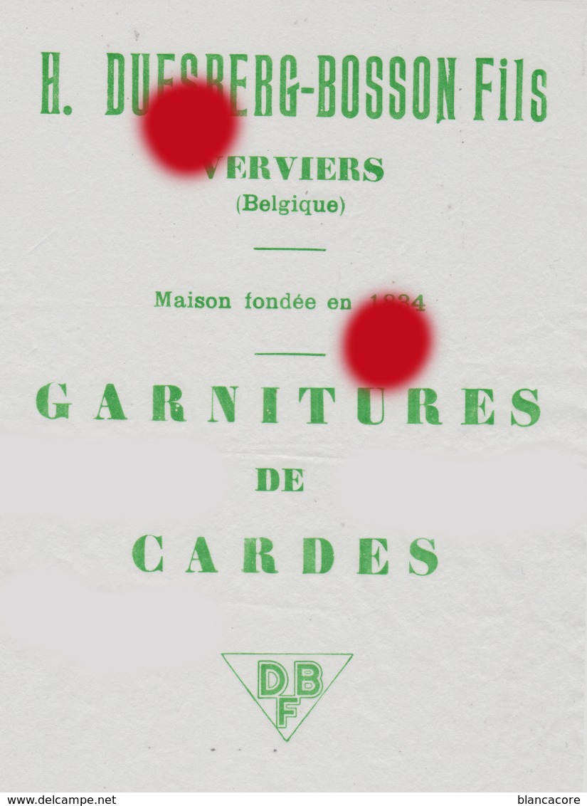 Verviers Textile Laine  H. DUESBERG BOSSON  Garnitures De Cardes - Publicités