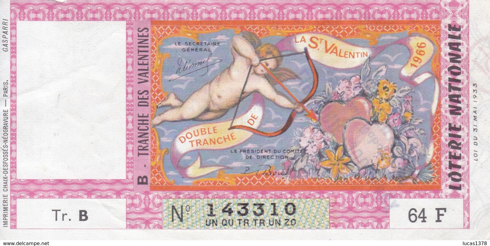 LOTERIE NATIONALE 1966 SAINT VALENTIN - Billets De Loterie