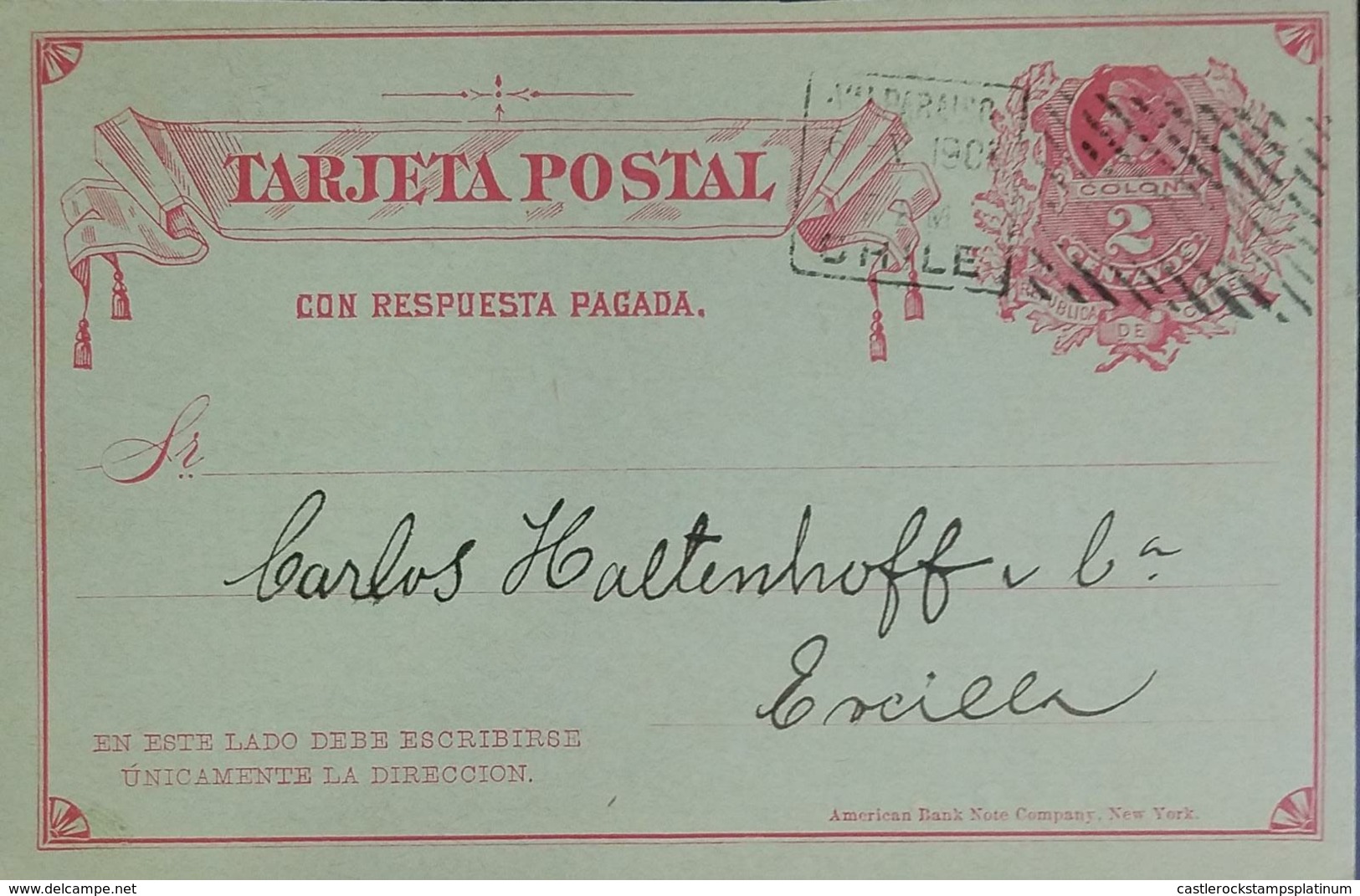 O) 1904 CHILE, COLON 2c Red, POSTAL STATIONERY CON RESPUESTA PAGADA-WITH ANSWER PAYED -AMERICAN BANK NOTE, XF - Chile