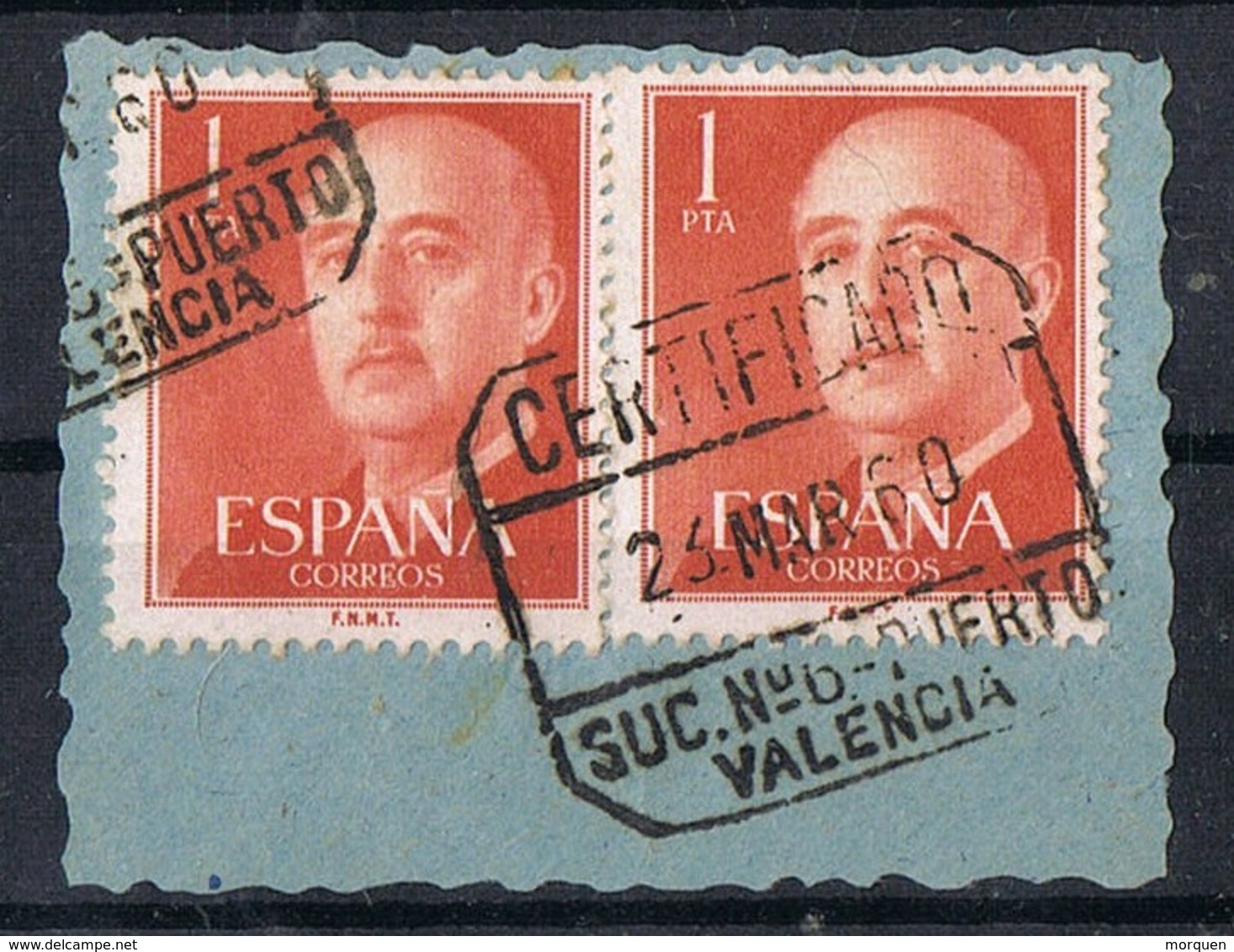 31107. Fragmento Certificado VALENCIA 1960, Oficina Puerto, Suc 6. Par Caudillo 1 Pta - Usati