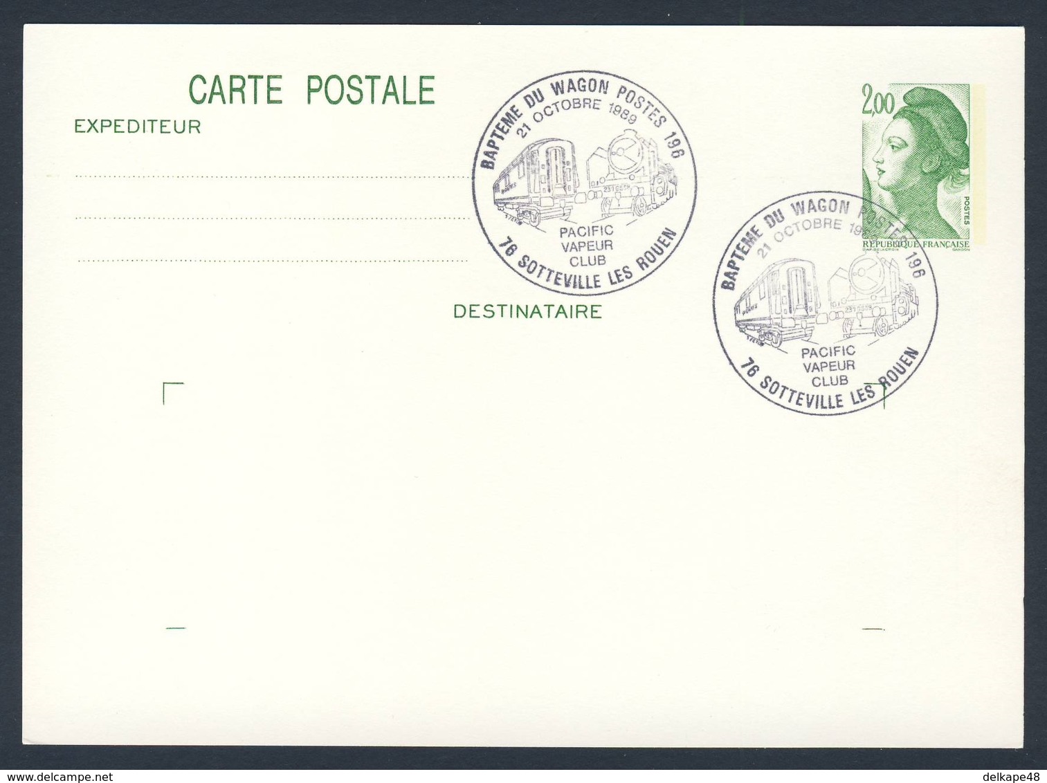 France Rep. Française 1989 Card / Karte / Carte - Bapteme Wagon Postes 196 - Pacific Vapeur Club, Sotteville Les Rouen - Trains