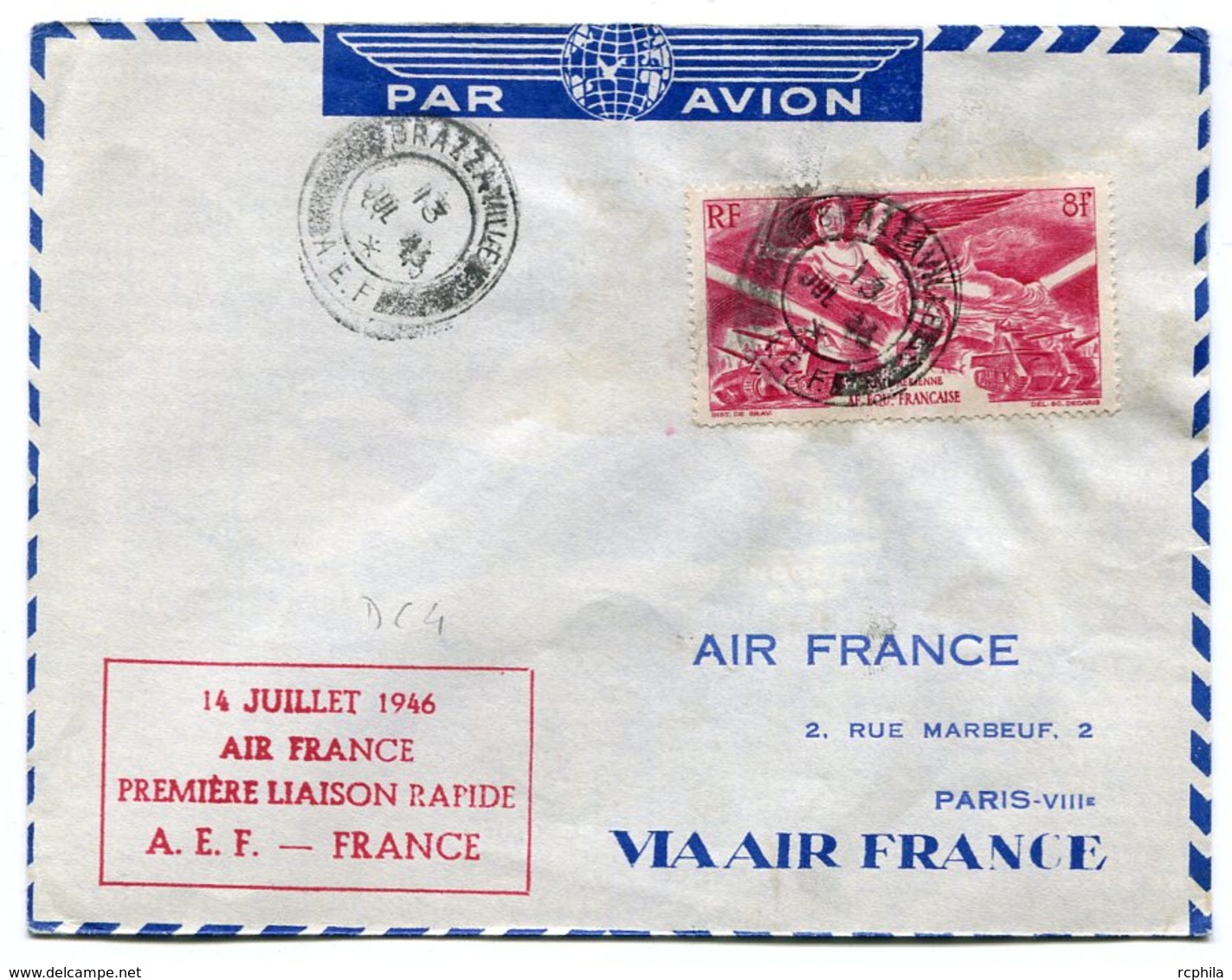 RC 11046 AEF CONGO 1946 LETTRE 1er VOL BRAZZAVILLE FRANCE AIR FRANCE FFC - Storia Postale