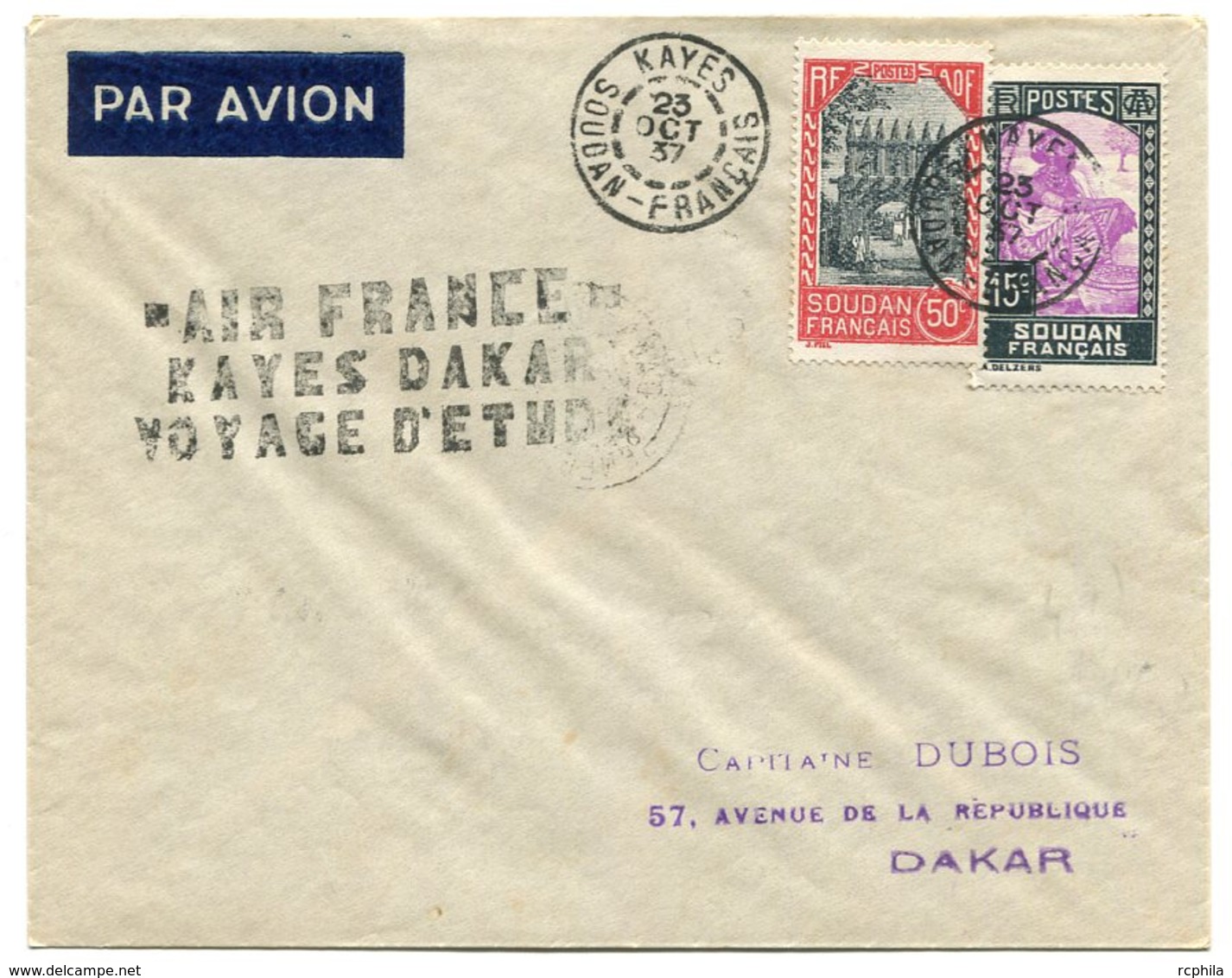 RC 11047 SOUDAN 1937 LETTRE 1er VOL KAYES DAKAR VOYAGE D'ETUDE AIR FRANCE FFC - Cartas & Documentos