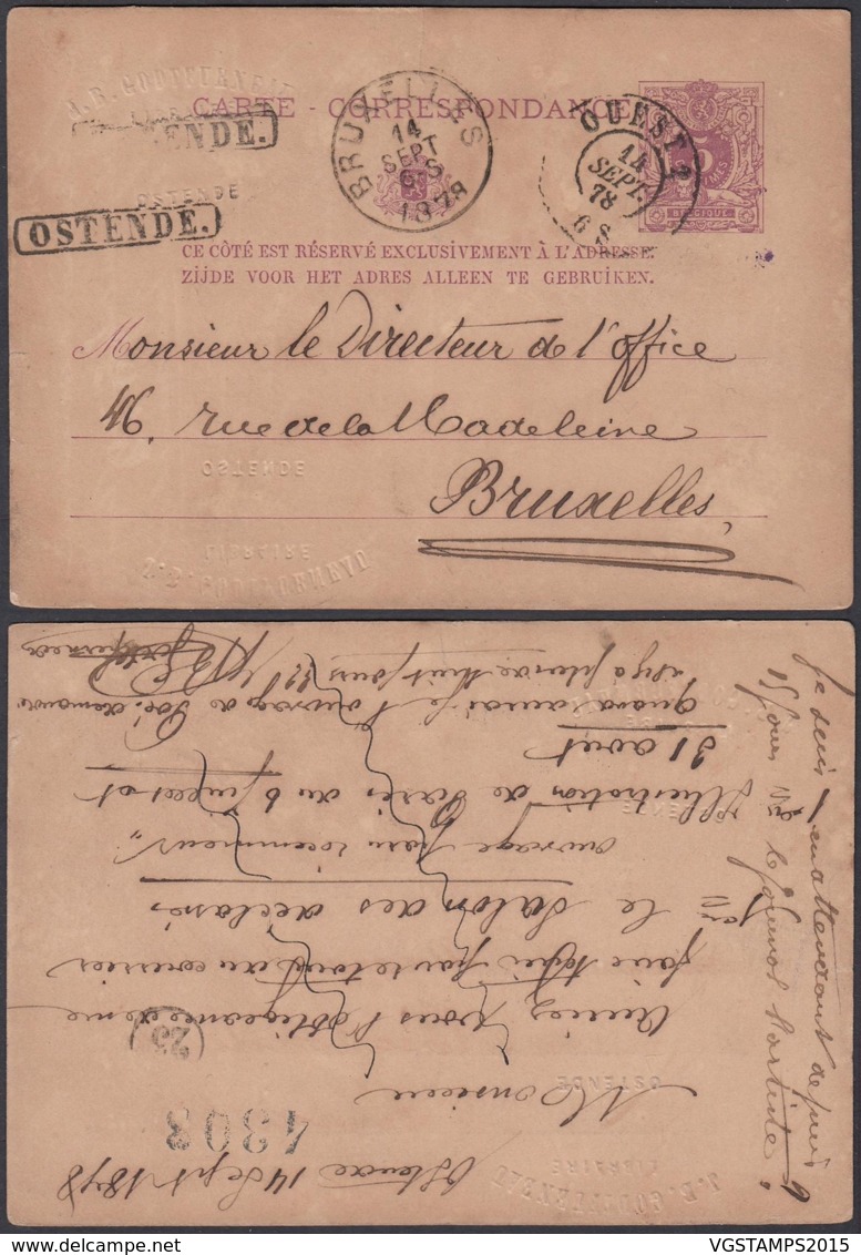 BELGIQUE EP 5c VIOLET AMBULANT OUEST 2 Double Cercle Du 14/08/1878 + OSTENDE Encadre (DD) DC-1296 - Cartes Postales 1871-1909