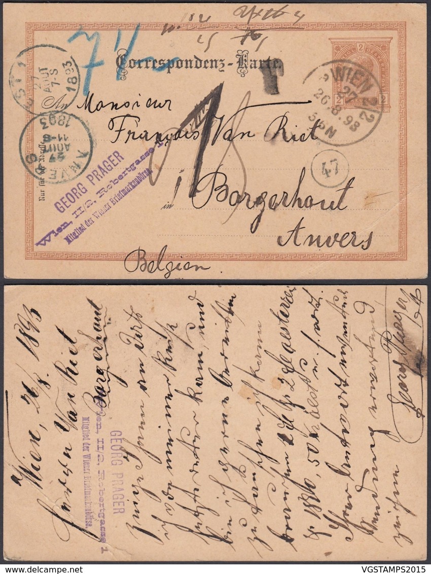 AUTRICHE EP VERS ANVERS  AMBULANT EST 1 Du 27/08/1893 (DD) DC-1304 - Postcards 1871-1909