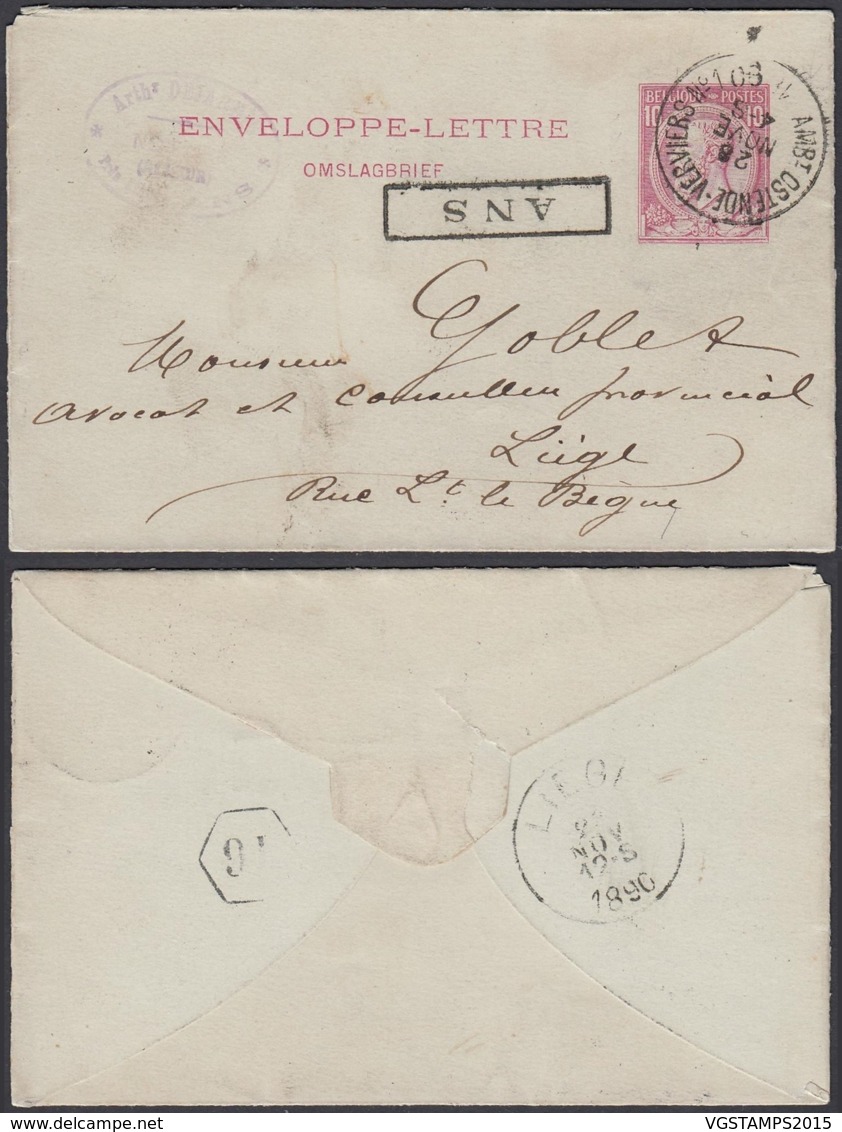 BELGIQUE EP 10c Rouge AMBULANT OSTENDE-VERVIERS Du 28/11/1890 +ANS Encadre (DD) DC-1306 - Postcards 1871-1909