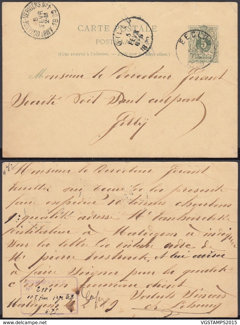 BELGIQUE EP 5c VERTde EECLOO VERS GILLY AMBULANT OSTENDE_VERVIERS N° 1 Du 05/02/1889 (DD) DC-1312 - Postcards 1871-1909