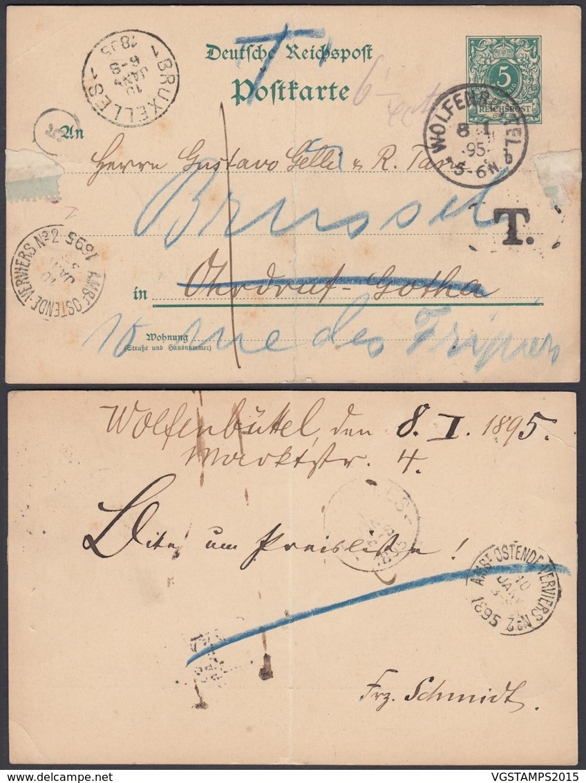 ALLEMAGNE VERS BRUXELLES AMBULANT OSTENDE VERVIERS N°2 Du 10/01/1895 (DD) DC-1313 - Postcards 1871-1909