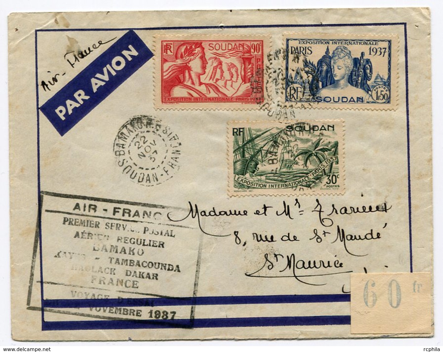 RC 11049 SOUDAN 1937 LETTRE 1er VOL BAMAKO KAYES TAMBACOUNDA KAOLACK DAKAR AIR FRANCE FFC - Lettres & Documents