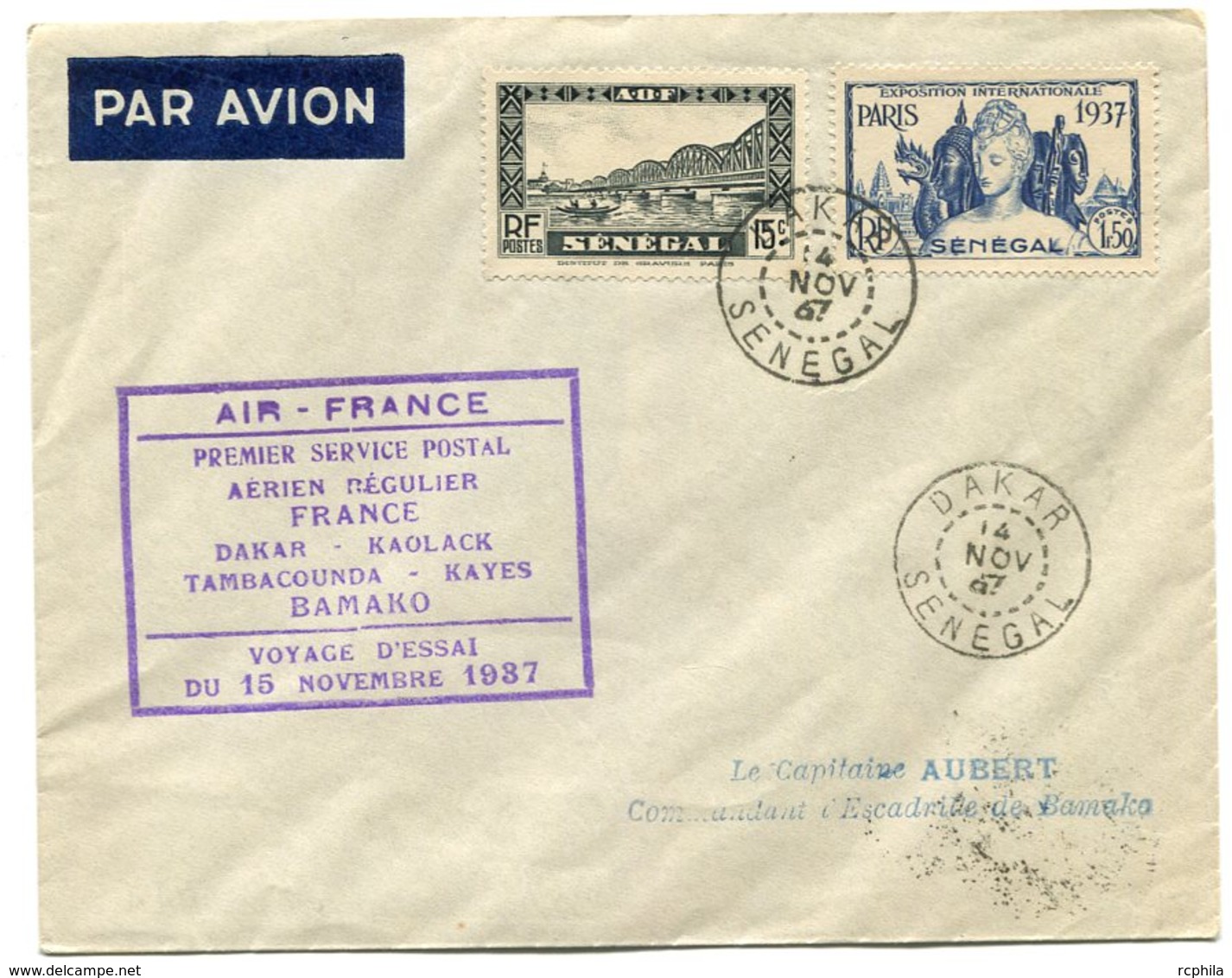 RC 11050 SOUDAN 1937 LETTRE 1er VOL DAKAR KAOLACK TAMBACOUNDA  KAYES BAMAKO AIR FRANCE FFC - Lettres & Documents
