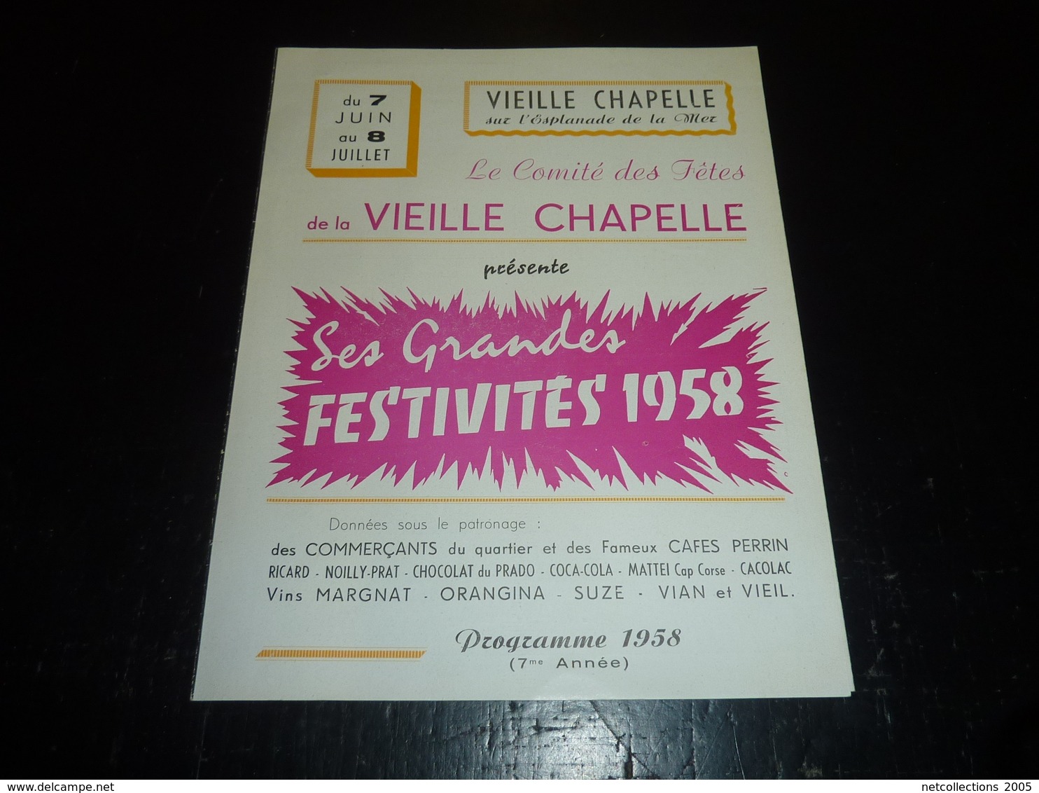 VIEILLE CHAPELLE SUR L'ESPLANADE DE LA MER FESTIVITES 1958 PROGRAMME/PUBLICITAIRE BELLE PUBLICITE CAFE PERRIN 1958 (AD) - Publicité Cinématographique