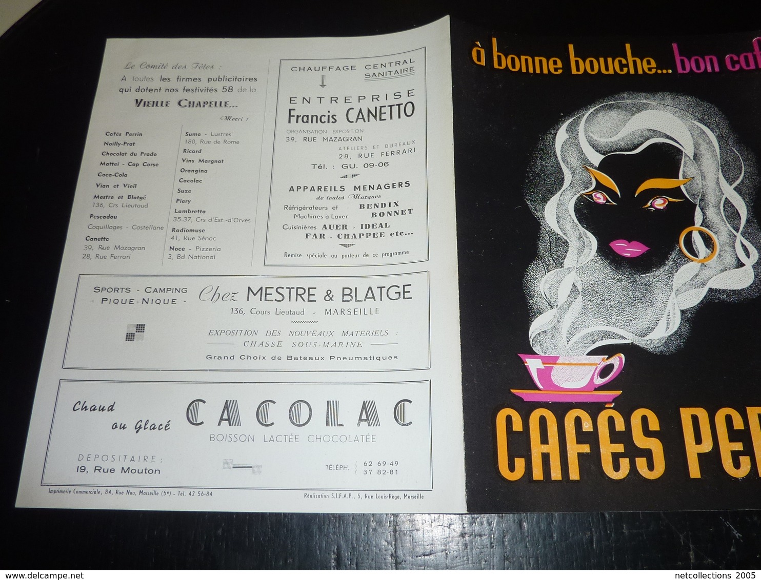 VIEILLE CHAPELLE SUR L'ESPLANADE DE LA MER FESTIVITES 1958 PROGRAMME/PUBLICITAIRE BELLE PUBLICITE CAFE PERRIN 1958 (AD) - Publicité Cinématographique