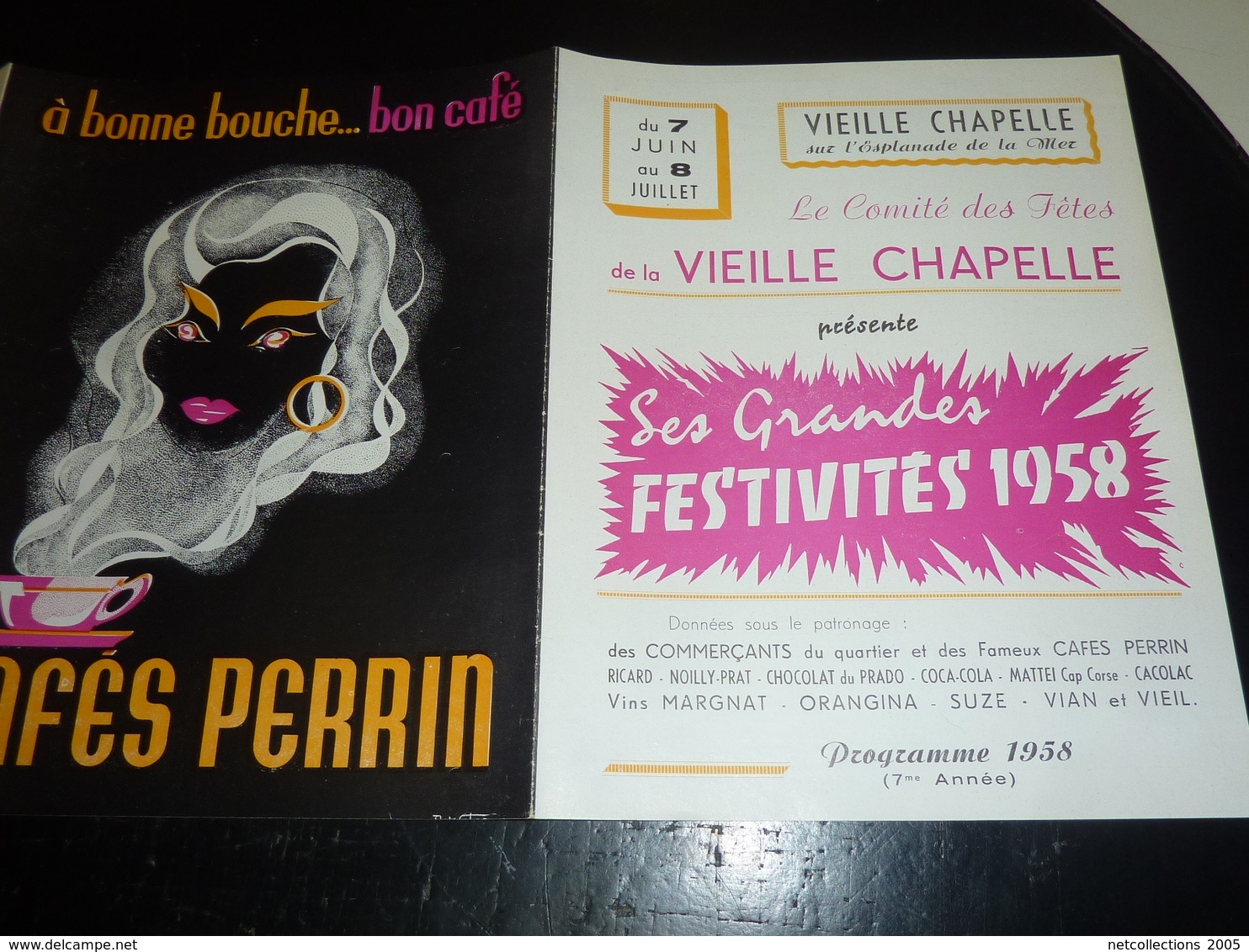 VIEILLE CHAPELLE SUR L'ESPLANADE DE LA MER FESTIVITES 1958 PROGRAMME/PUBLICITAIRE BELLE PUBLICITE CAFE PERRIN 1958 (AD) - Pubblicitari