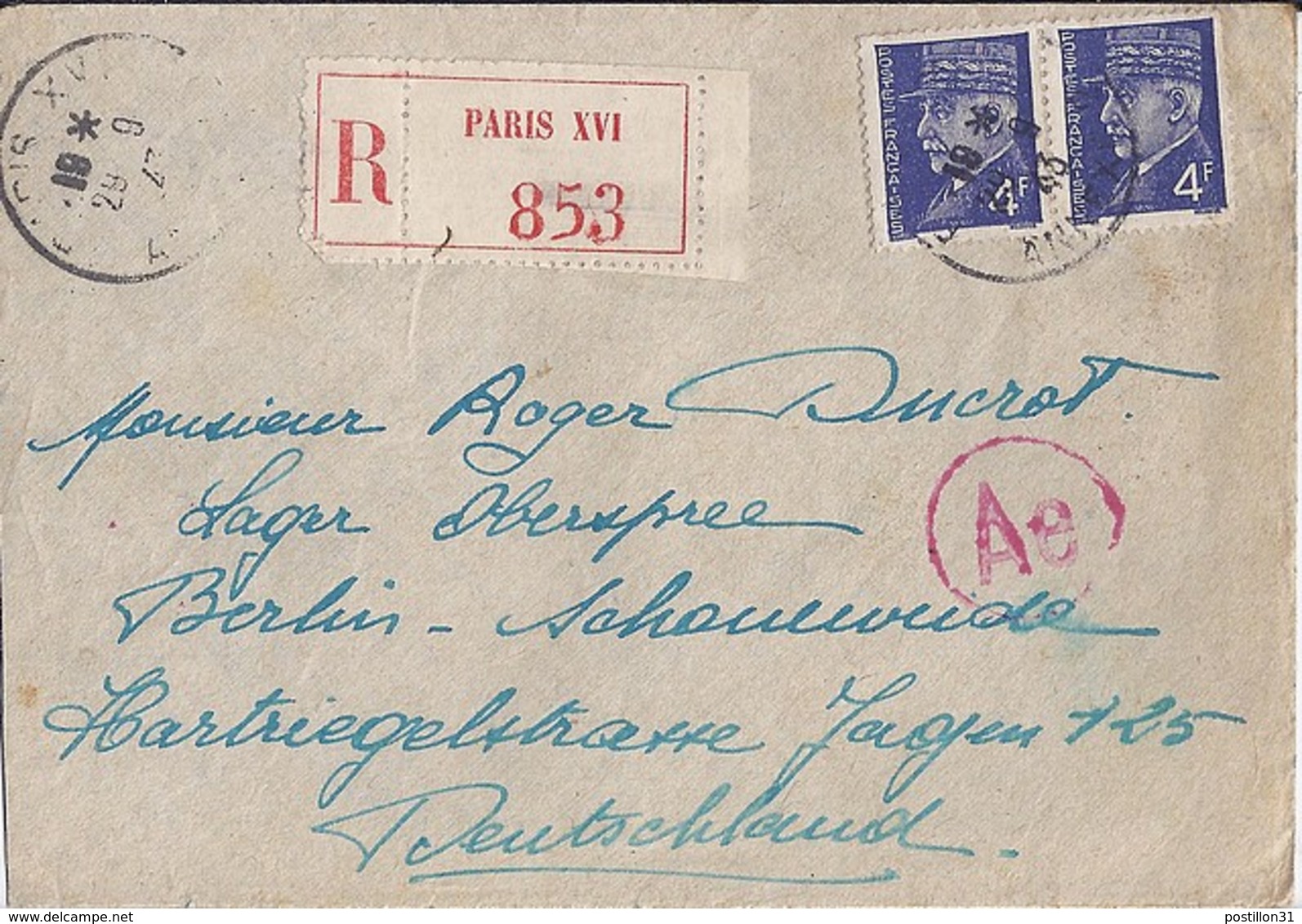 TP N° 521A X 2  SUR LETTRE RECOMMANDEE DE 1943 POUR ALLEMAGNE - 1941-42 Pétain