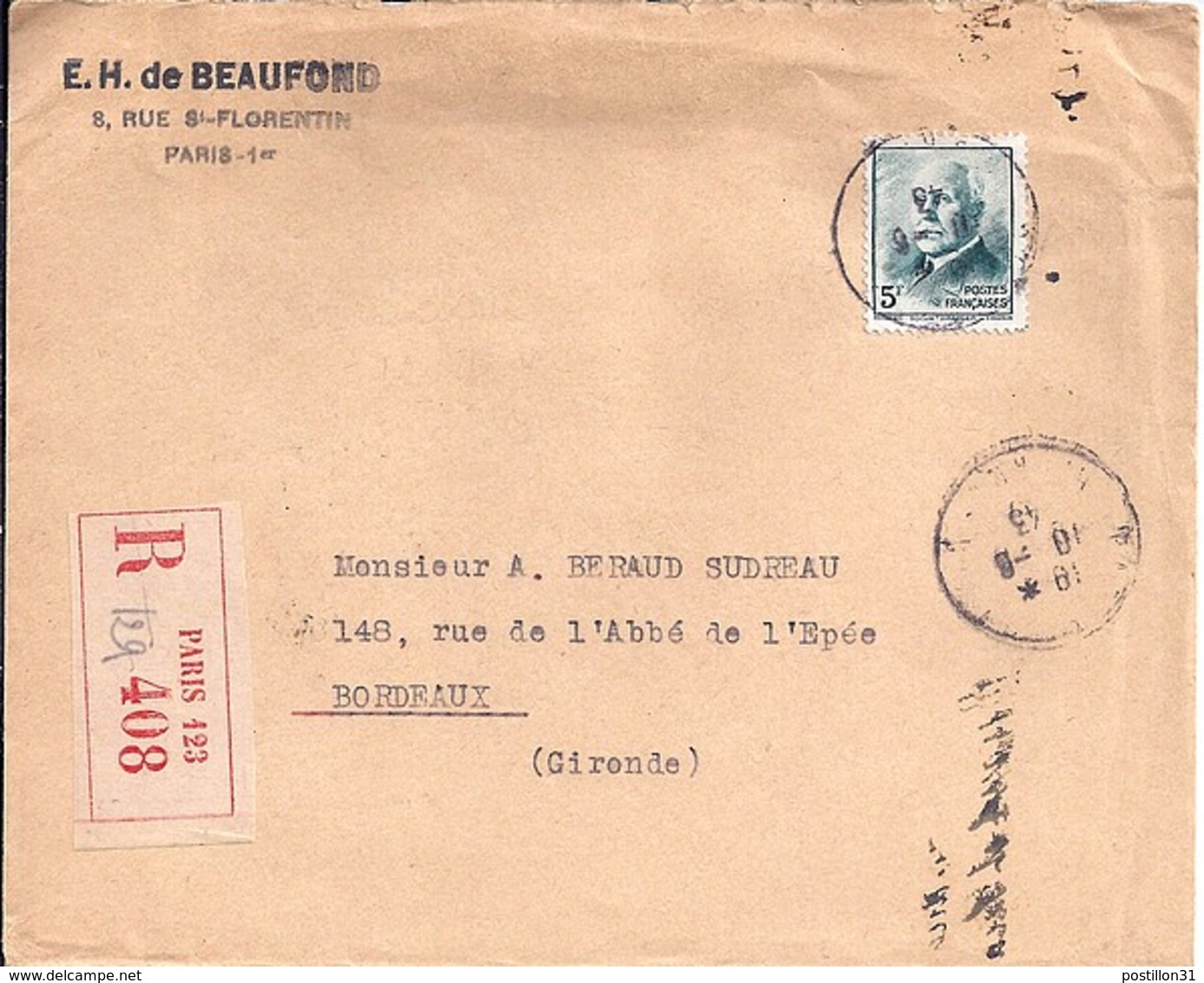 TP N° 524  SUR LETTRE REC. DE 1943 - 1941-42 Pétain