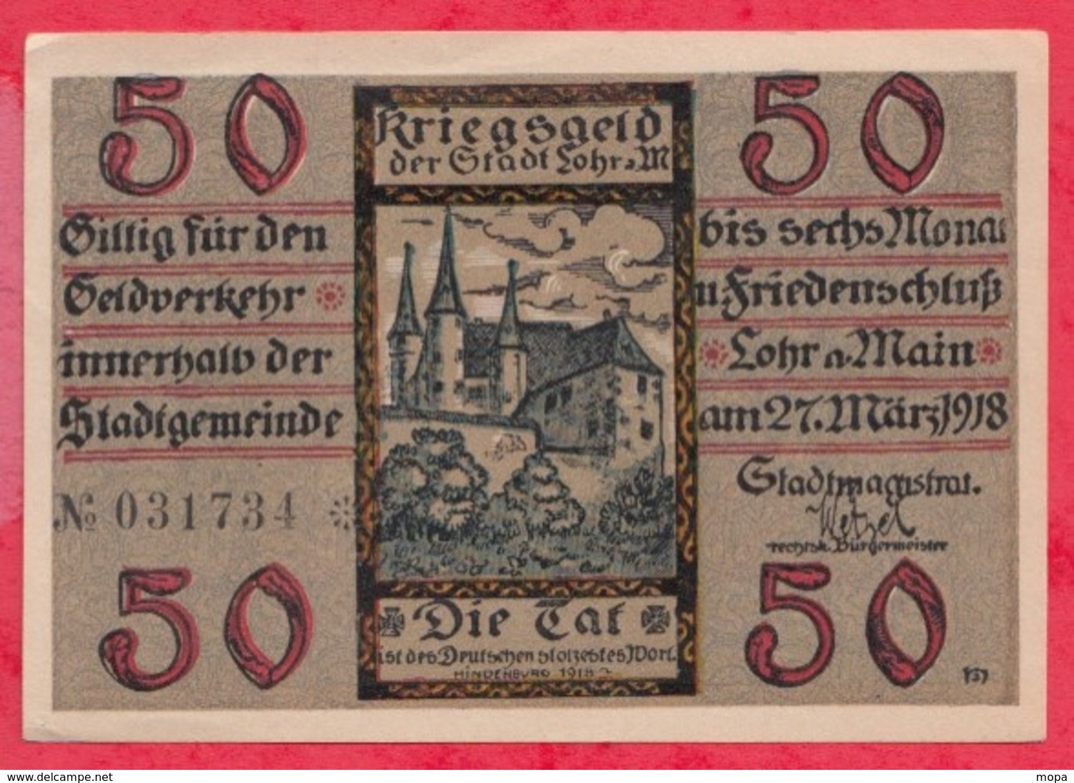 Allemagne 1 Notgeld De 50 Pfenning Stadt Camp Lohr A Main (RARE) Dans L 'état  N °2889 - Collections