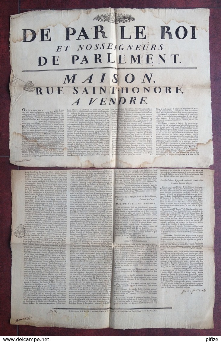 1783 . Affiche De La Vente Sur Licitation D'une Maison Rue St-Honoré à Paris Tenant à L'Hôtel D'Aligre . Folle Enchère . - Affiches