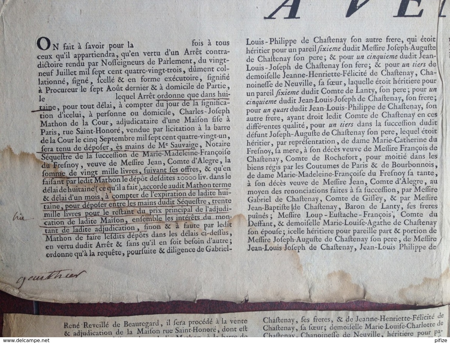 1783 . Affiche De La Vente Sur Licitation D'une Maison Rue St-Honoré à Paris Tenant à L'Hôtel D'Aligre . Folle Enchère . - Affiches