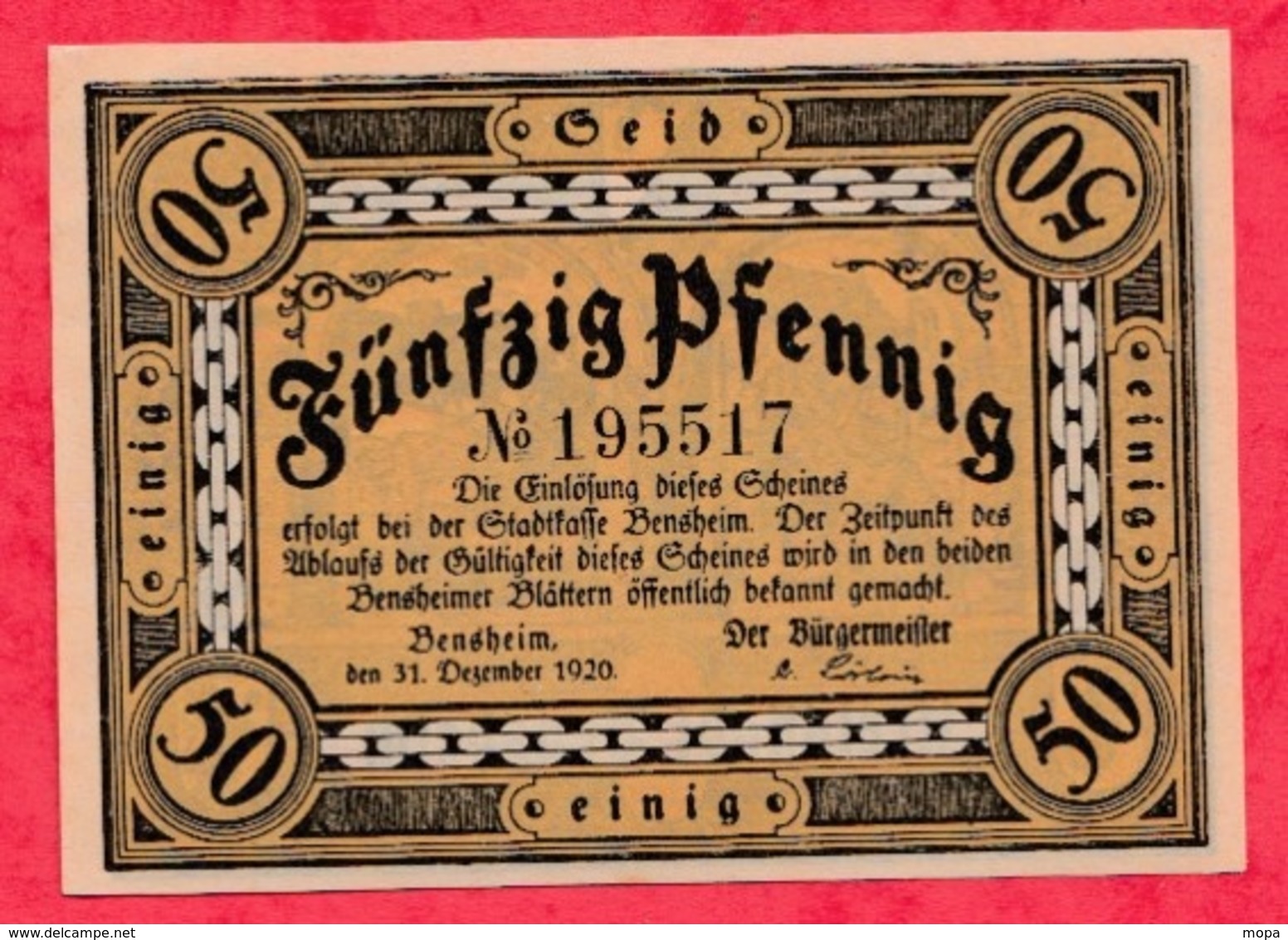 Allemagne 1 Notgeld De 50 Pfenning Stadt Bensheim (RARE) Dans L 'état  N °2892 - Collections