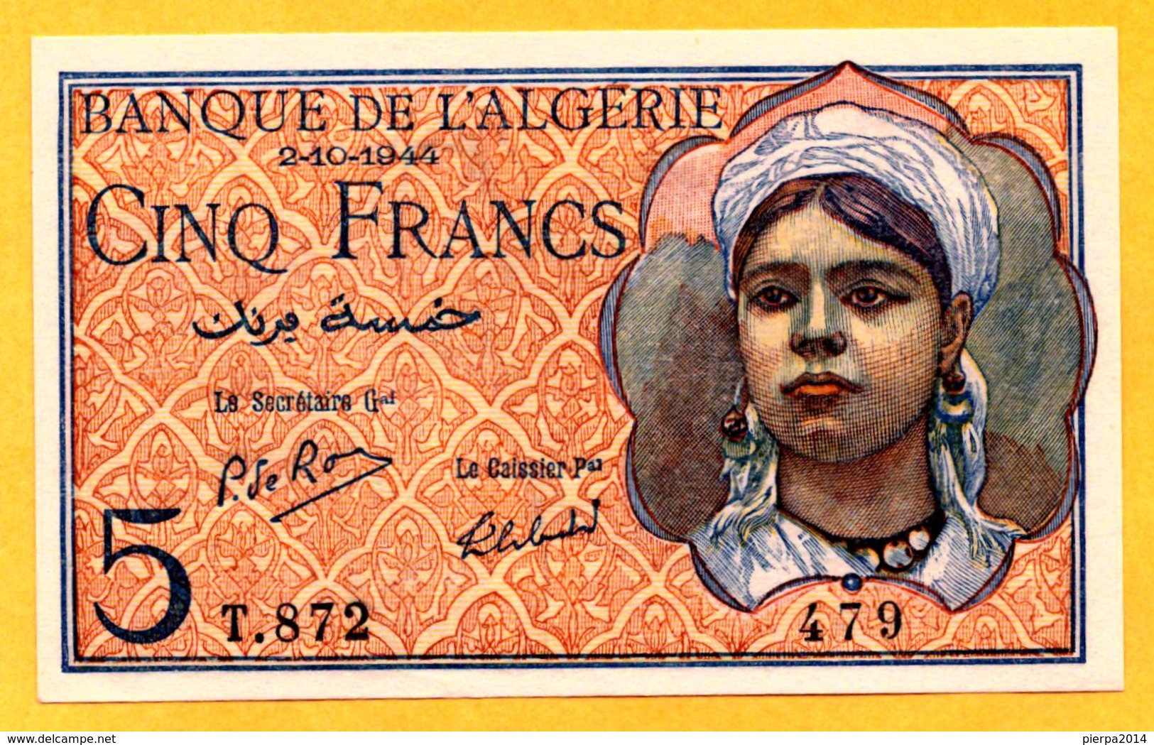 Algeria 5 Francs  2.10.1944  P. 94b - NEUF- UNC - Algérie