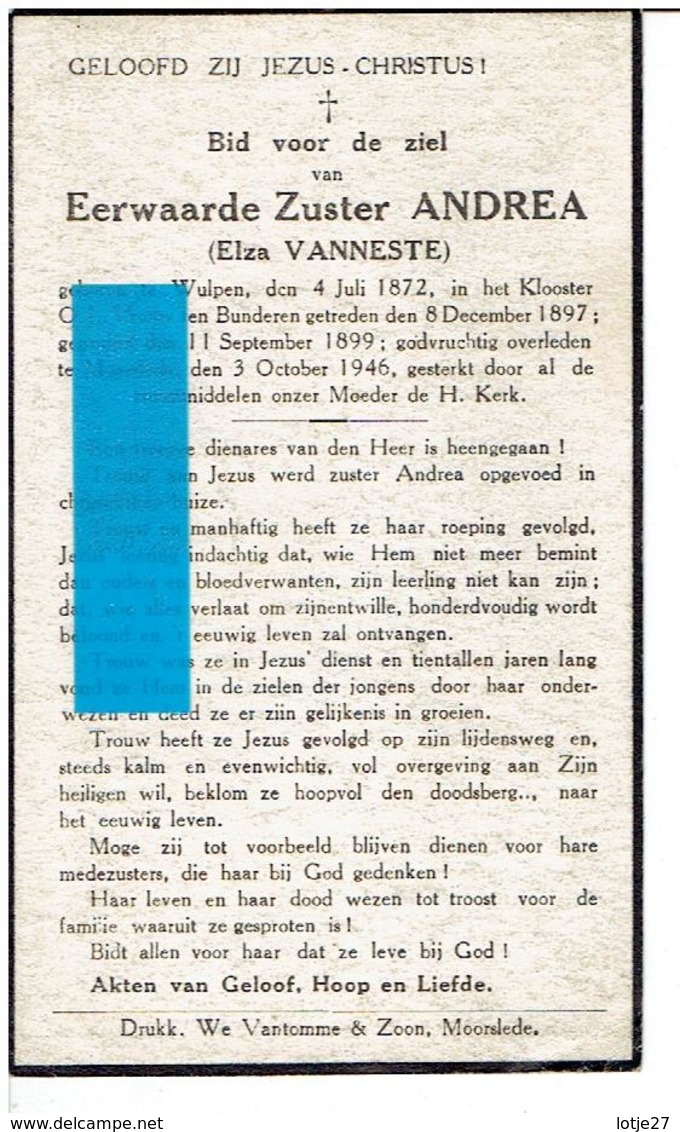 Eerw. Zuster Andrea(Elza Vanneste)geb.Wulpen 1872+Moorslede 1946 - Religion &  Esoterik