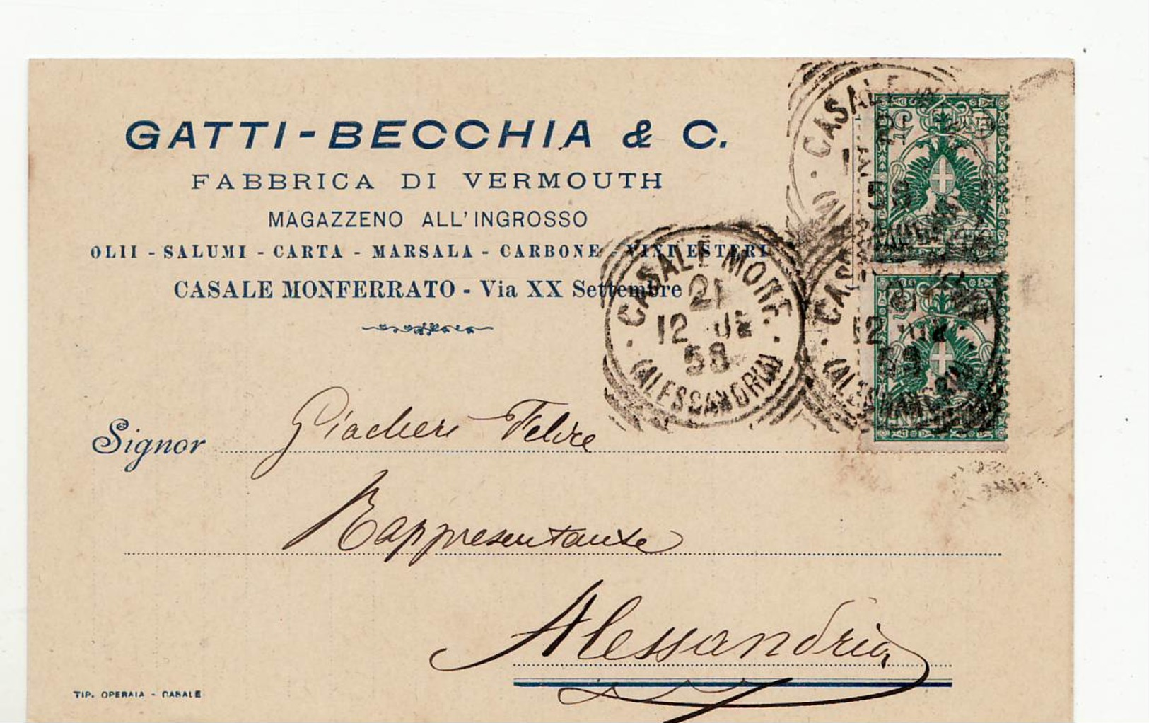 5006 ALESSANDRIA CASALE MONFERRATO GATTI BECCHIA VERMOUTH - Storia Postale